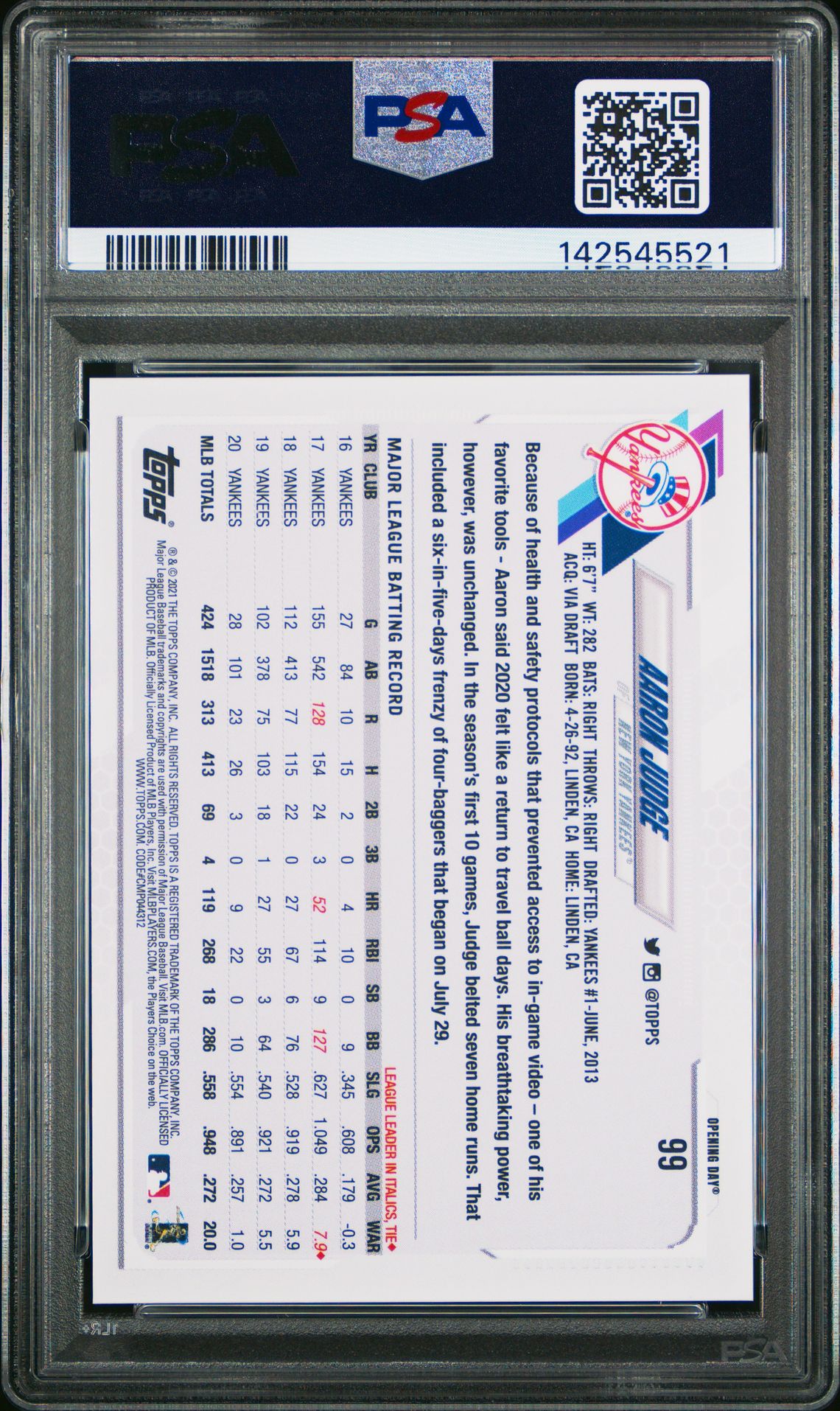 2021 Topps Opening Day Aaron Judge #99 (Blue Foil) Gem Mt 10 back