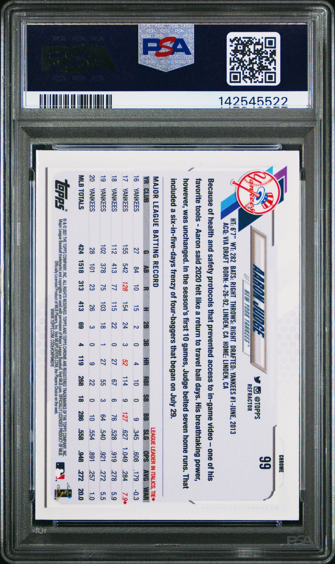 2021 Topps Chrome Aaron Judge #99 (Sepia Refractor) Mint 9 back