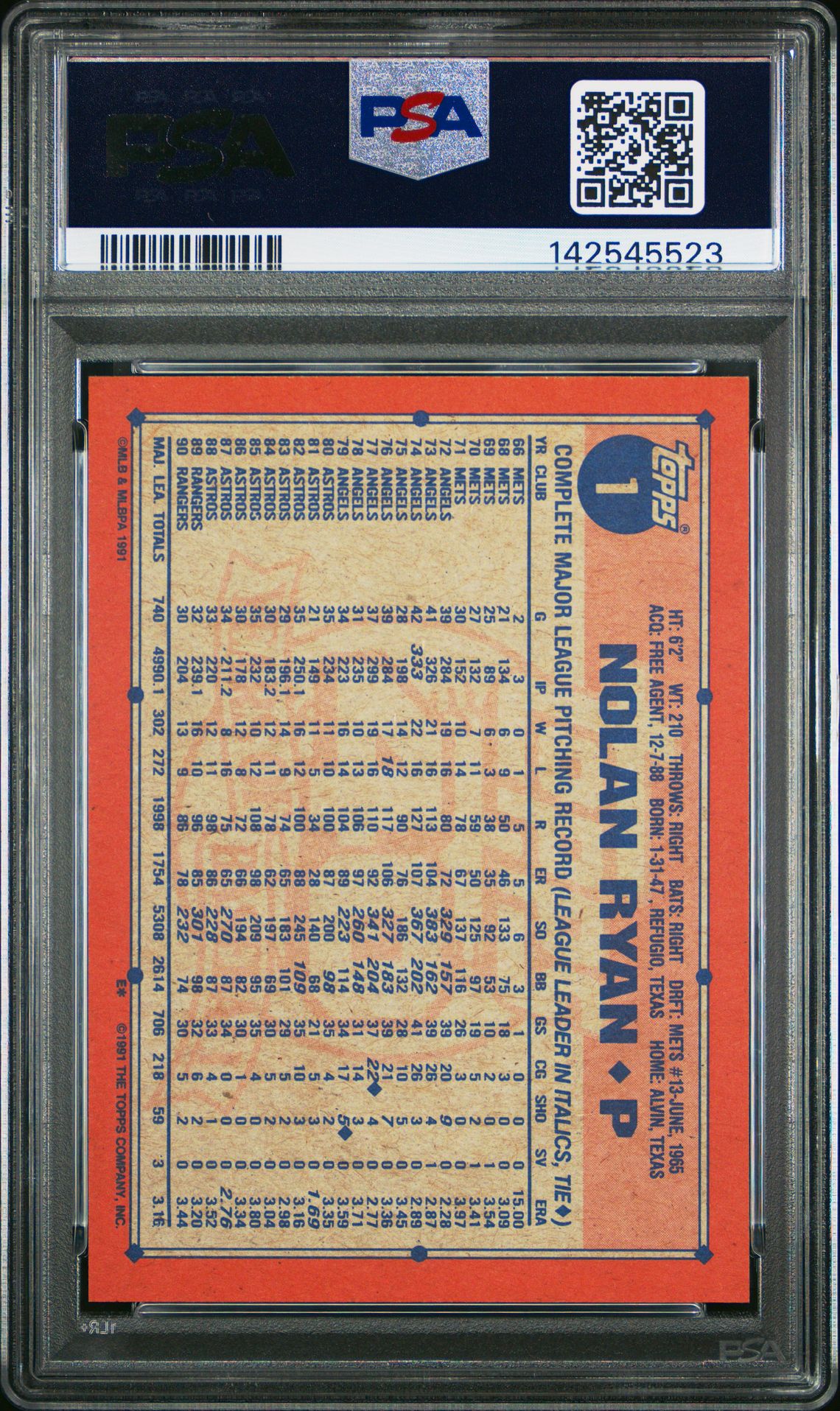 1991 Topps Nolan Ryan #1 Mint 9 back