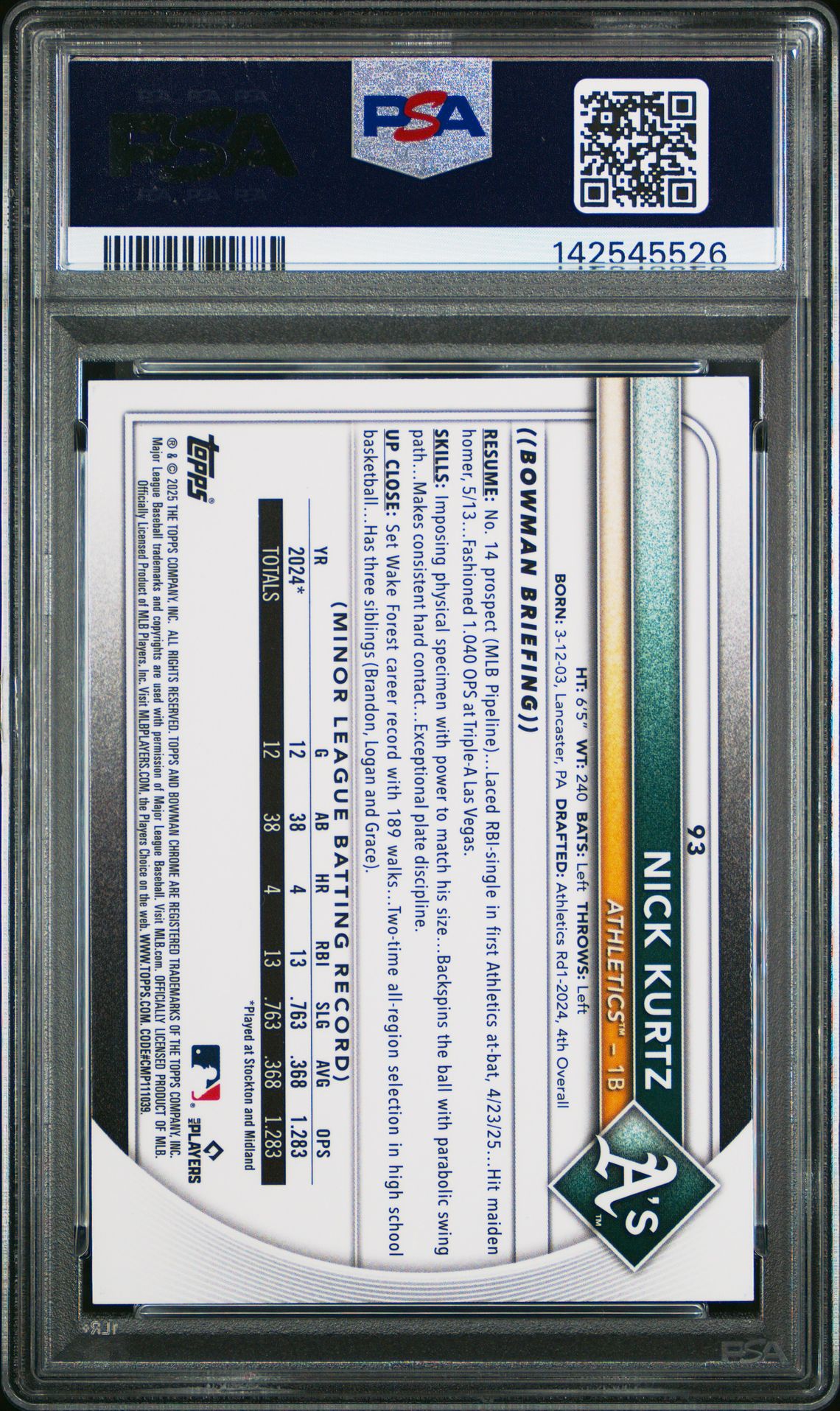 2025 Bowman Chrome Mega Box Nick Kurtz #93 (Aqua Refractor) Mint 9 back