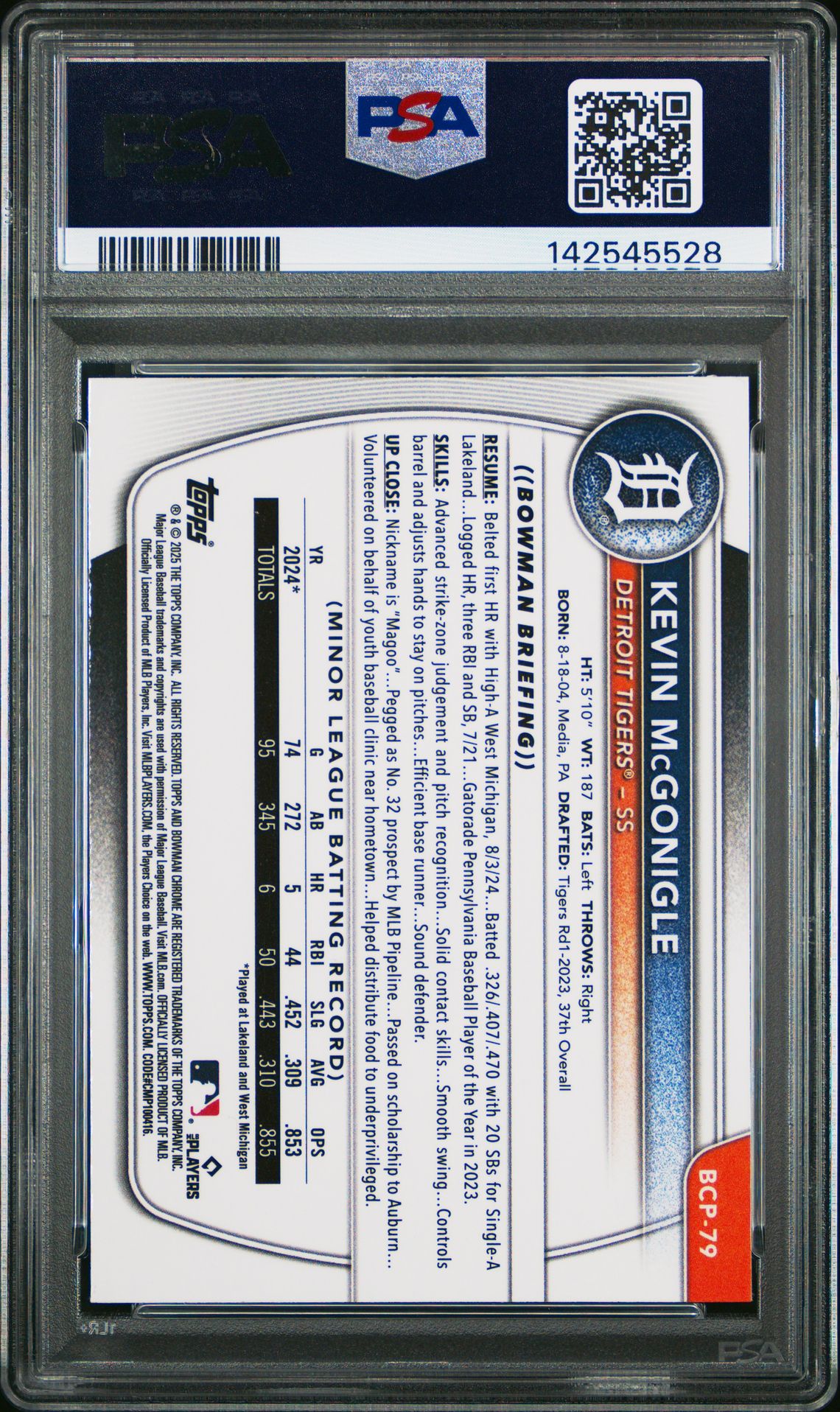 2025 Bowman Chrome Prospects Kevin Mcgonigle #Bcp79 (Chrome Pros-Wave Ref) Mint 9 back