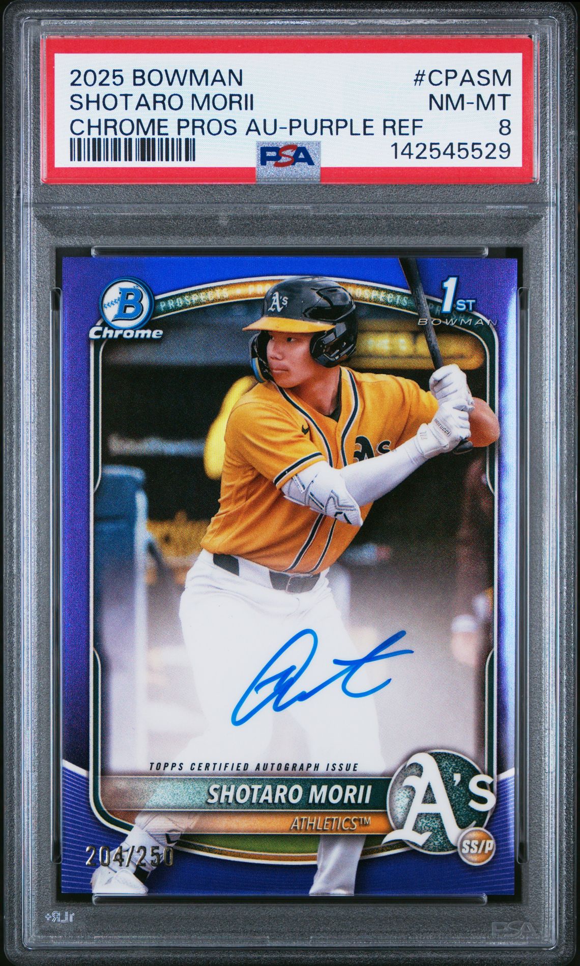 2025 Bowman Chrome Prospect Autographs Shotaro Morii #Cpasm (Chrome Pros Au-Purple Ref) Nm-Mt 8 front