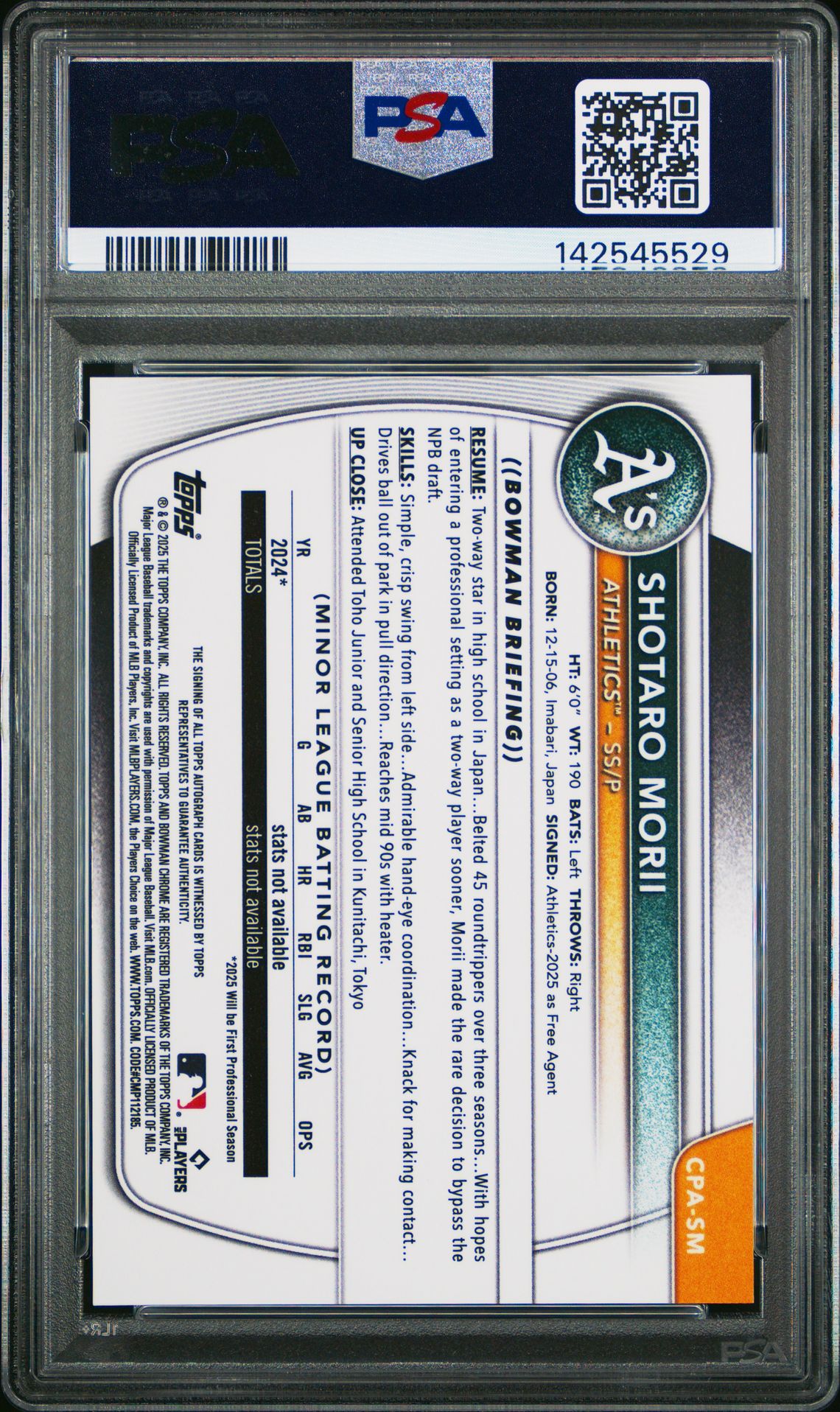 2025 Bowman Chrome Prospect Autographs Shotaro Morii #Cpasm (Chrome Pros Au-Purple Ref) Nm-Mt 8 back