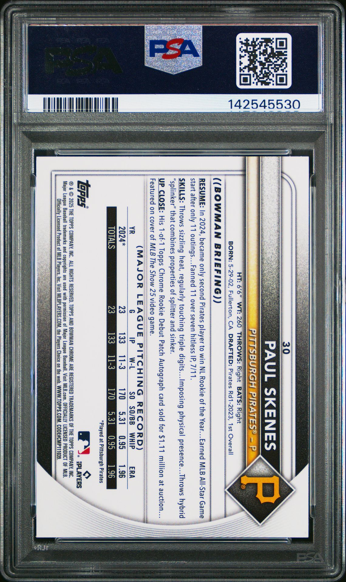 2025 Bowman Chrome Mega Box Paul Skenes #30 (Aqua Refractor) Gem Mt 10 back