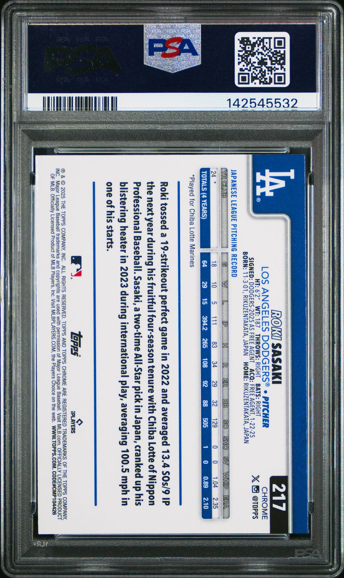 2025 Topps Chrome Roki Sasaki #217 (X-Fractor) Gem Mt 10 back