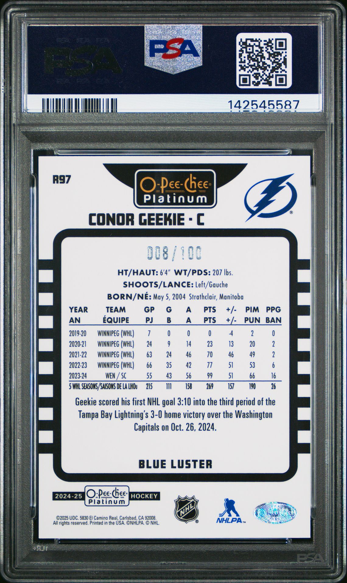 2024 Upper Deck O-Pee-Chee Platinum Retro Conor Geekie #R97 (Retro-Blue Luster) Mint 9 back