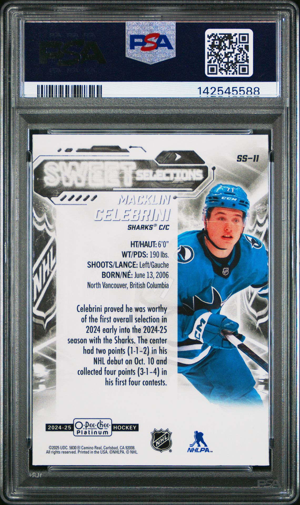 2024 Upper Deck O-Pee-Chee Platinum Sweet Selections Macklin Celebrini #Ss11 Mint 9 back