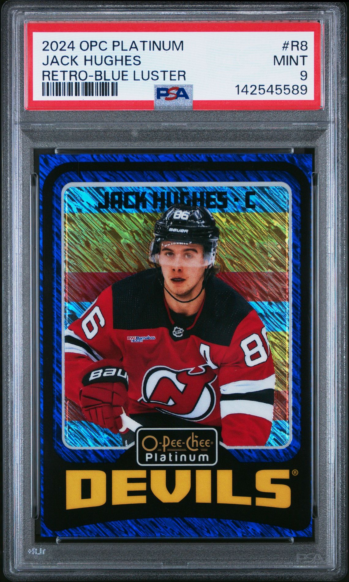 2024 Upper Deck O-Pee-Chee Platinum Retro Jack Hughes #R8 (Retro-Blue Luster) Mint 9 front