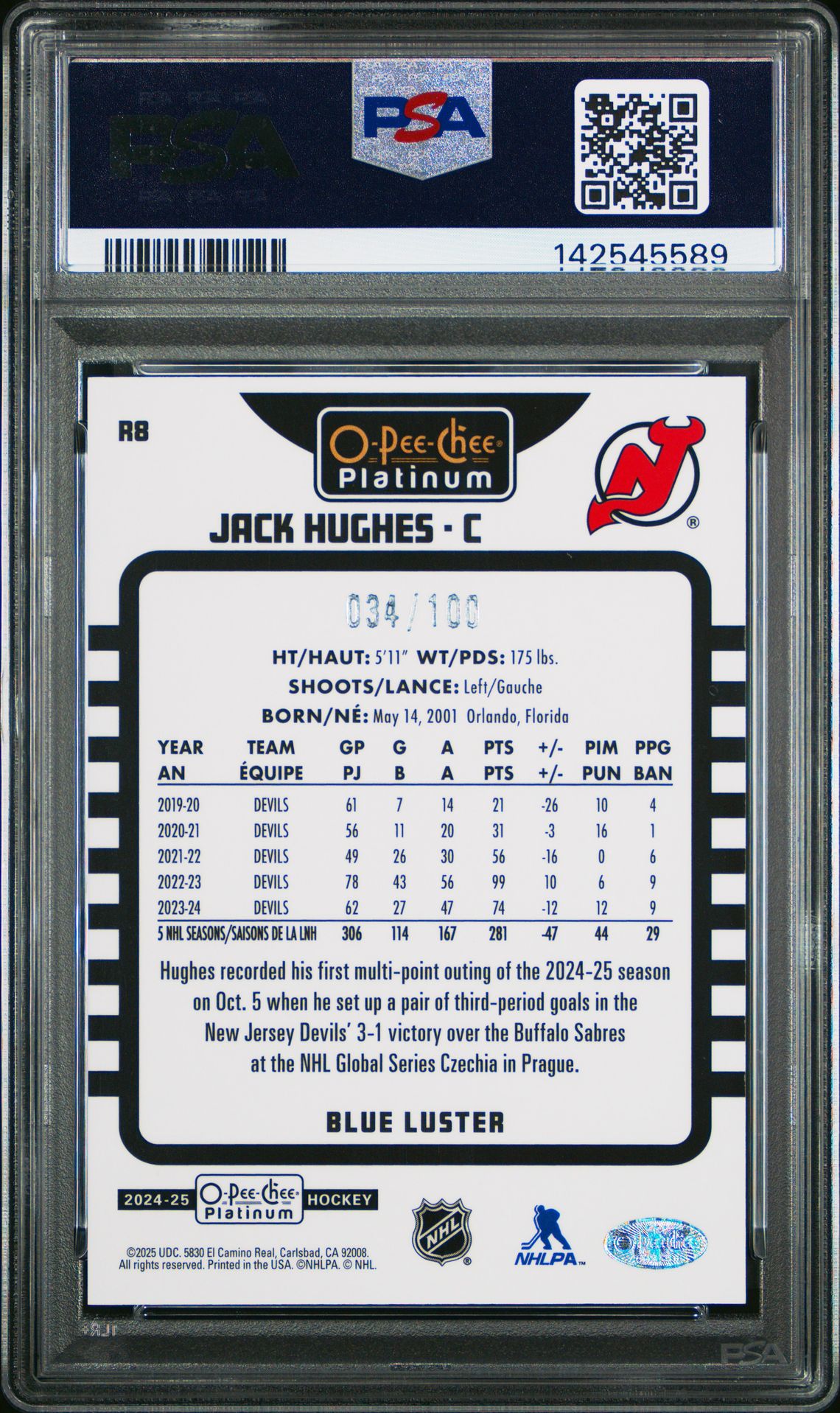 2024 Upper Deck O-Pee-Chee Platinum Retro Jack Hughes #R8 (Retro-Blue Luster) Mint 9 back
