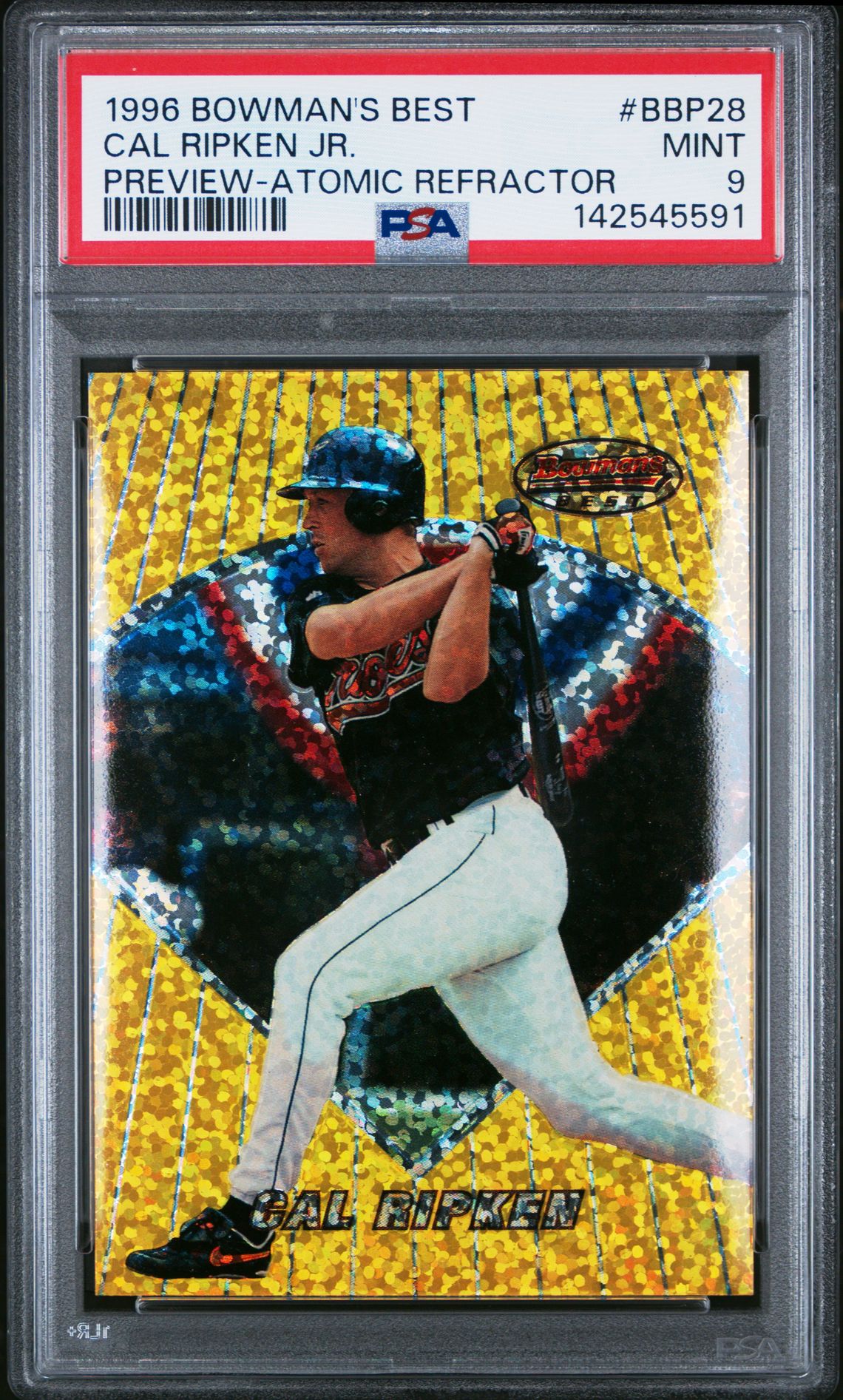 1996 Bowman's Best Preview Cal Ripken Jr. #Bbp28 (Preview-Atomic Refractor) Mint 9 front