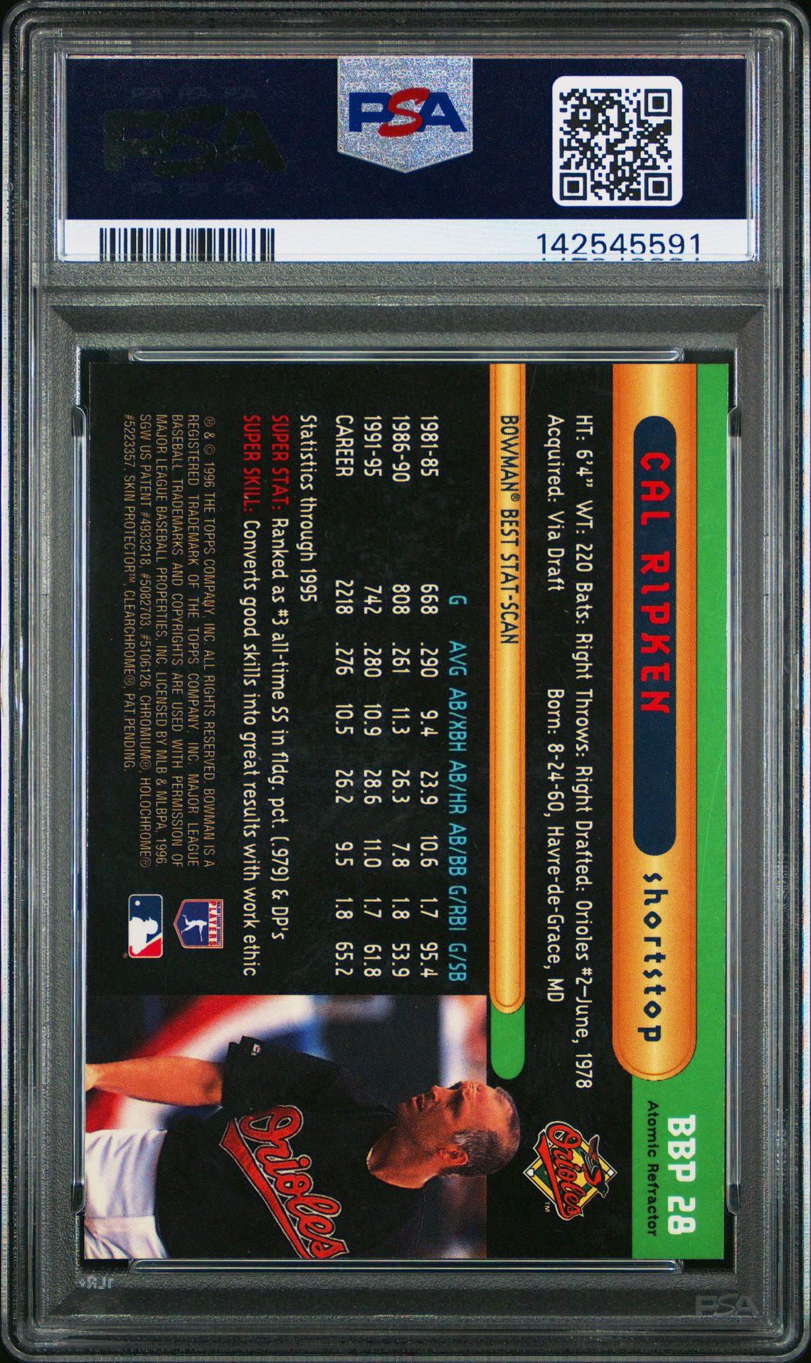 1996 Bowman's Best Preview Cal Ripken Jr. #Bbp28 (Preview-Atomic Refractor) Mint 9 back