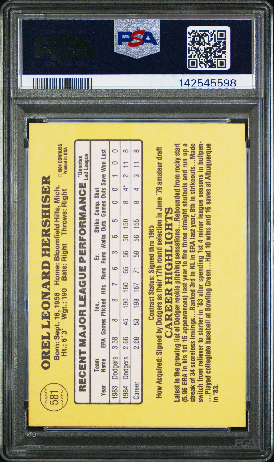 1985 Donruss Orel Hershiser #581 Nm-Mt 8 back