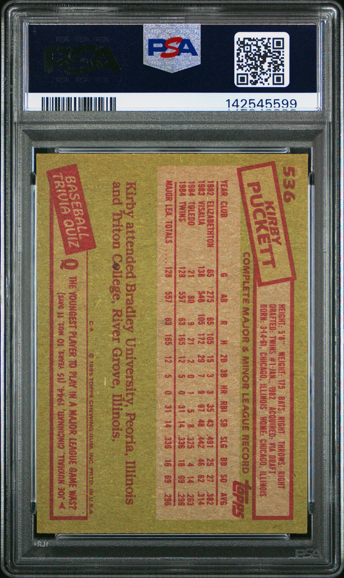 1985 Topps Kirby Puckett #536 Nm 7 back