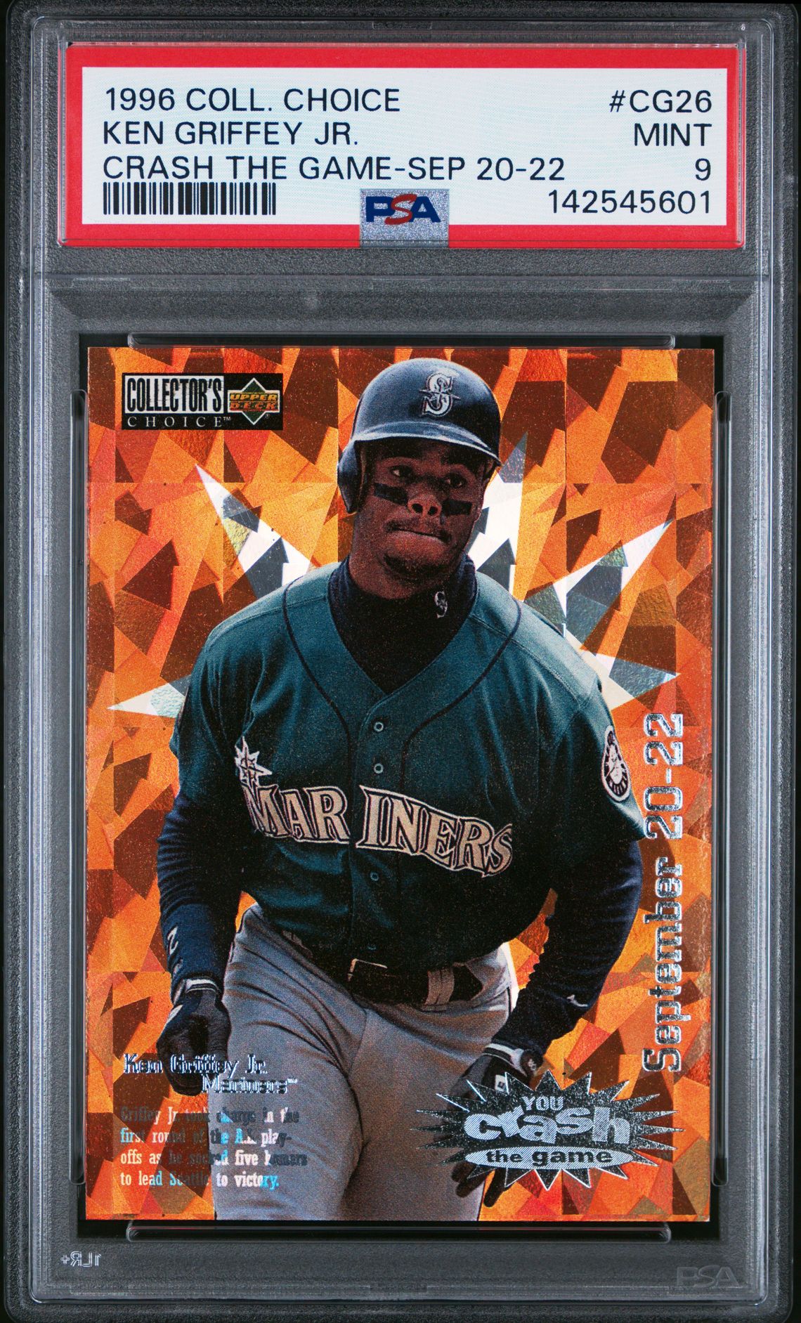 1996 Collector's Choice Crash The Game Ken Griffey Jr. #Cg26 (Crash The Game-Sep 20-22) Mint 9 front