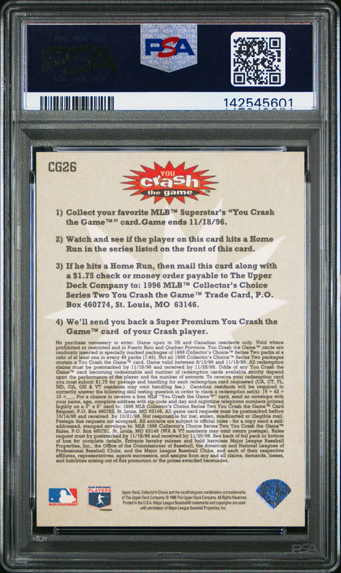 1996 Collector's Choice Crash The Game Ken Griffey Jr. #Cg26 (Crash The Game-Sep 20-22) Mint 9 back