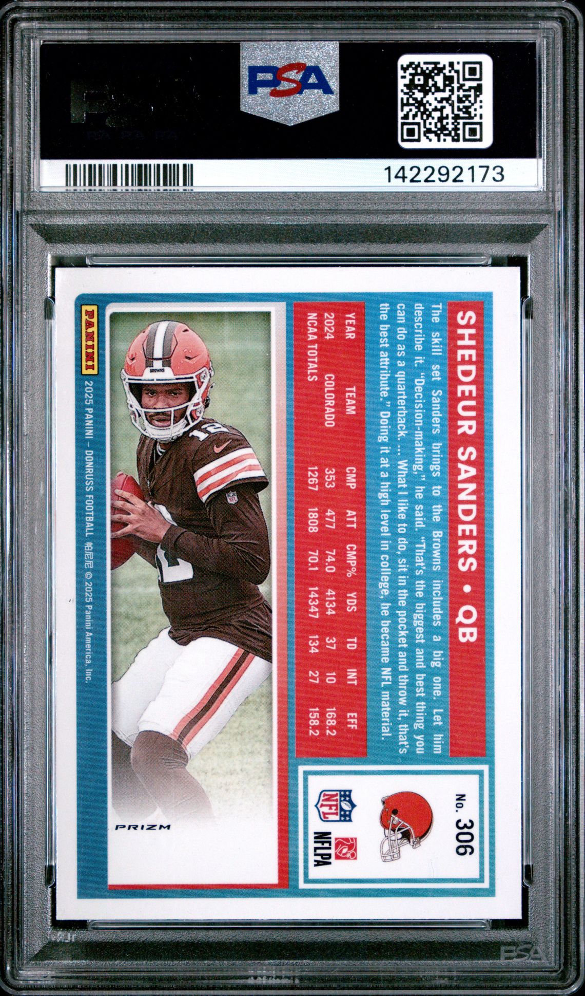 2025 Panini Donruss Shedeur Sanders #306 (Optic Preview-Red Pandora) Mint 9 back