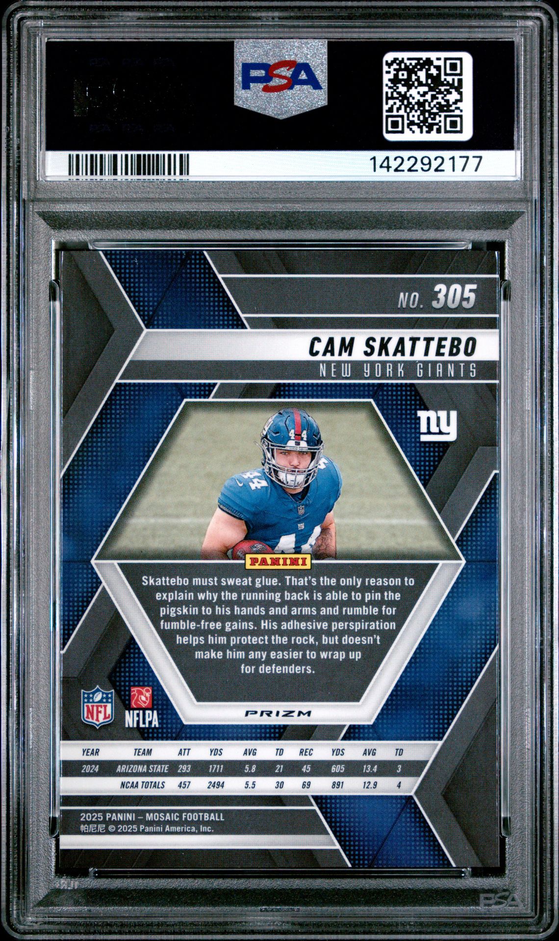 2025 Panini Mosaic Cam Skattebo #305 (Red & White Stripe) Gem Mt 10 back