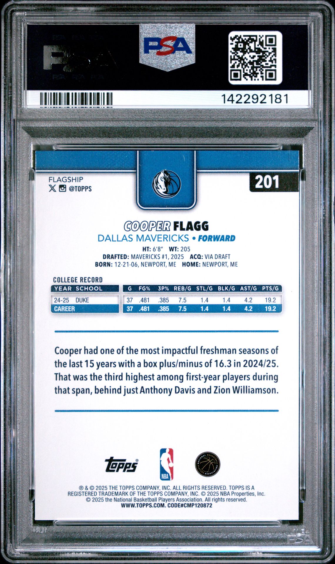 2025 Topps Cooper Flagg #201 Mint 9 back