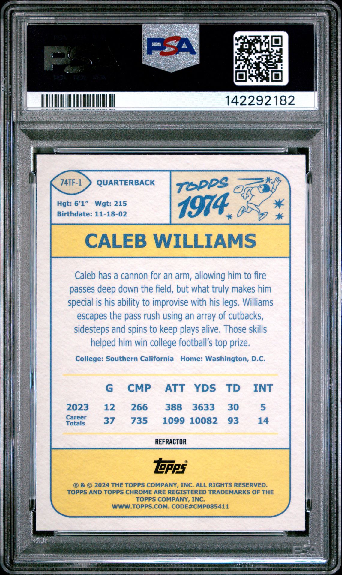 2024 Topps Chrome 1974 Topps Football Caleb Williams #74Tf1 (1974 Topps Football-Ref) Mint 9 back