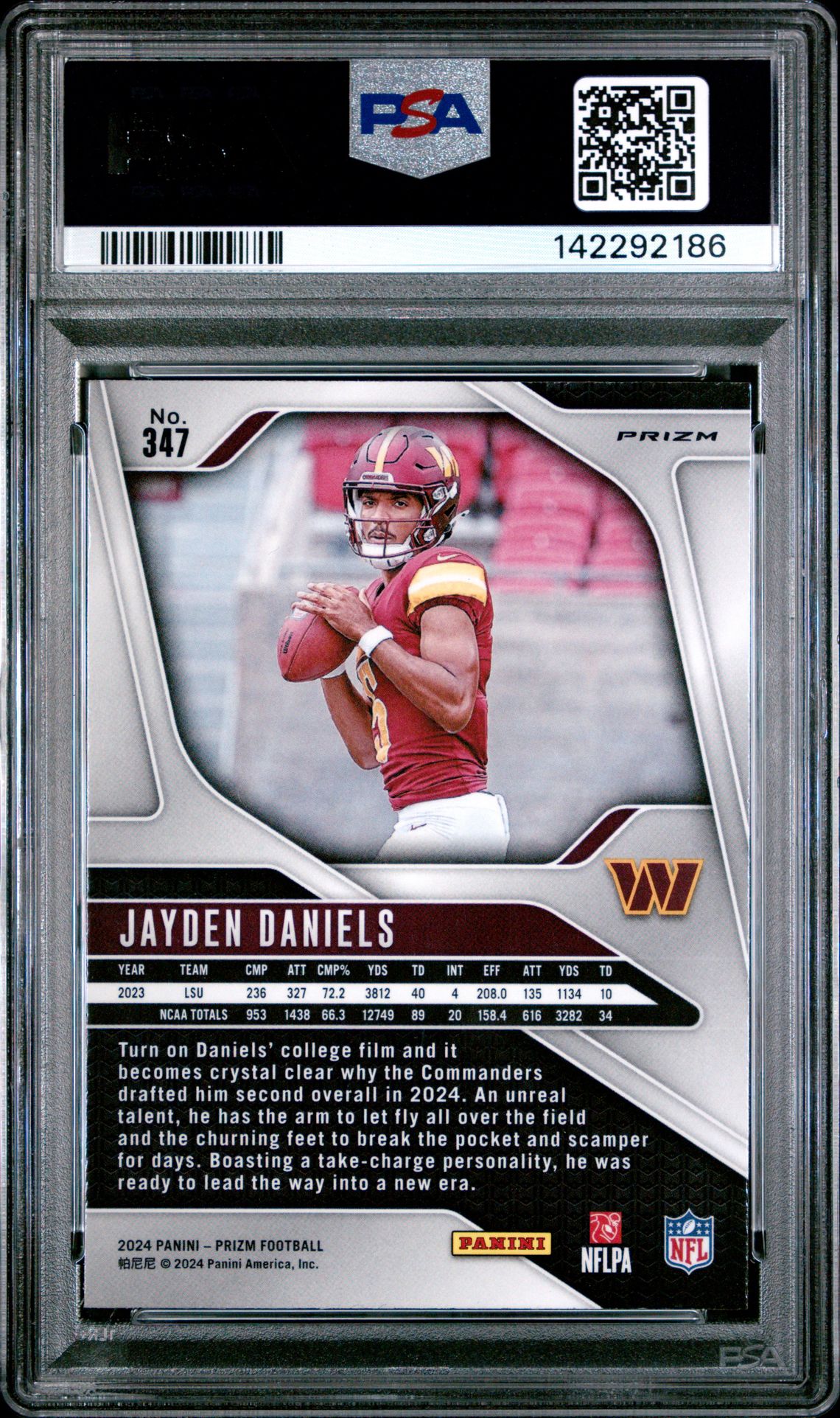 2024 Panini Prizm Jayden Daniels #347 (Neon Green Pulsar) Gem Mt 10 back view - PSA certificate #142292186