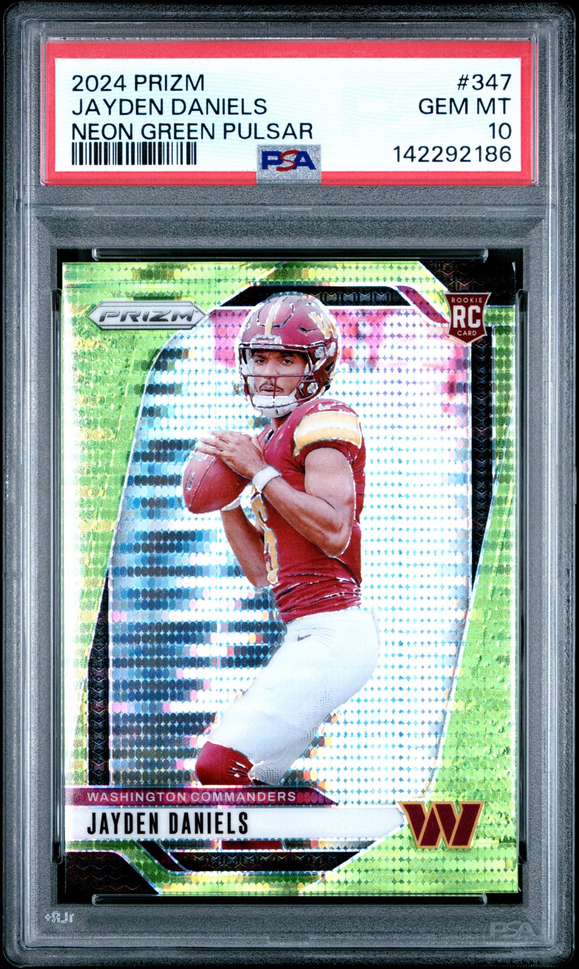 2024 Panini Prizm Jayden Daniels #347 (Neon Green Pulsar) Gem Mt 10 front view - PSA graded GEM MT 10