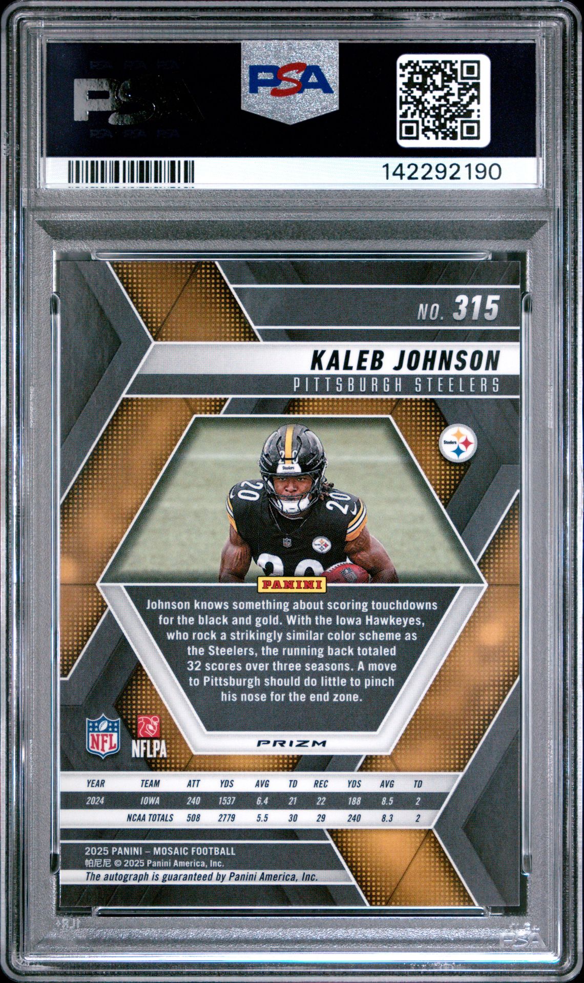 2025 Panini Mosaic Kaleb Johnson #315 (Autograph-Blue No Huddle) Gem Mt 10 back