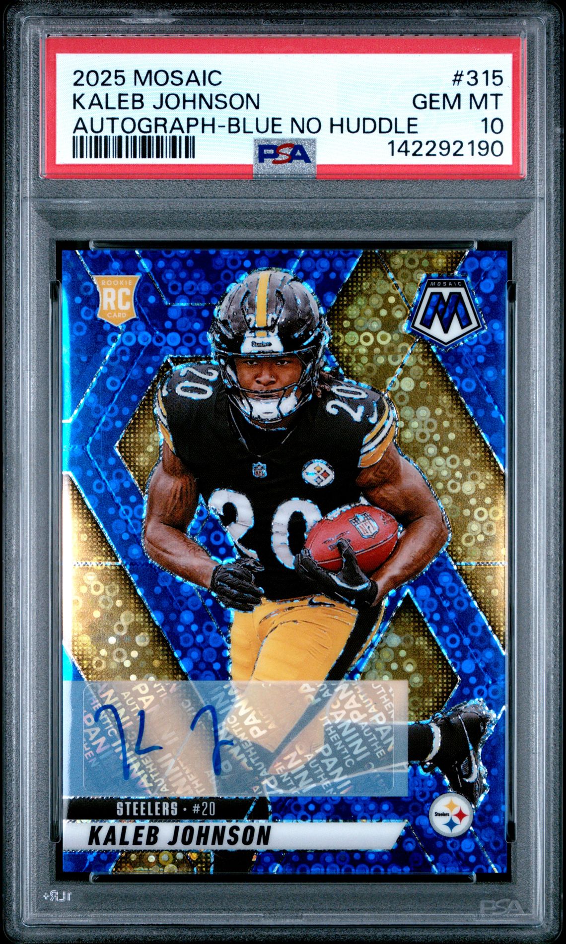 2025 Panini Mosaic Kaleb Johnson #315 (Autograph-Blue No Huddle) Gem Mt 10 front