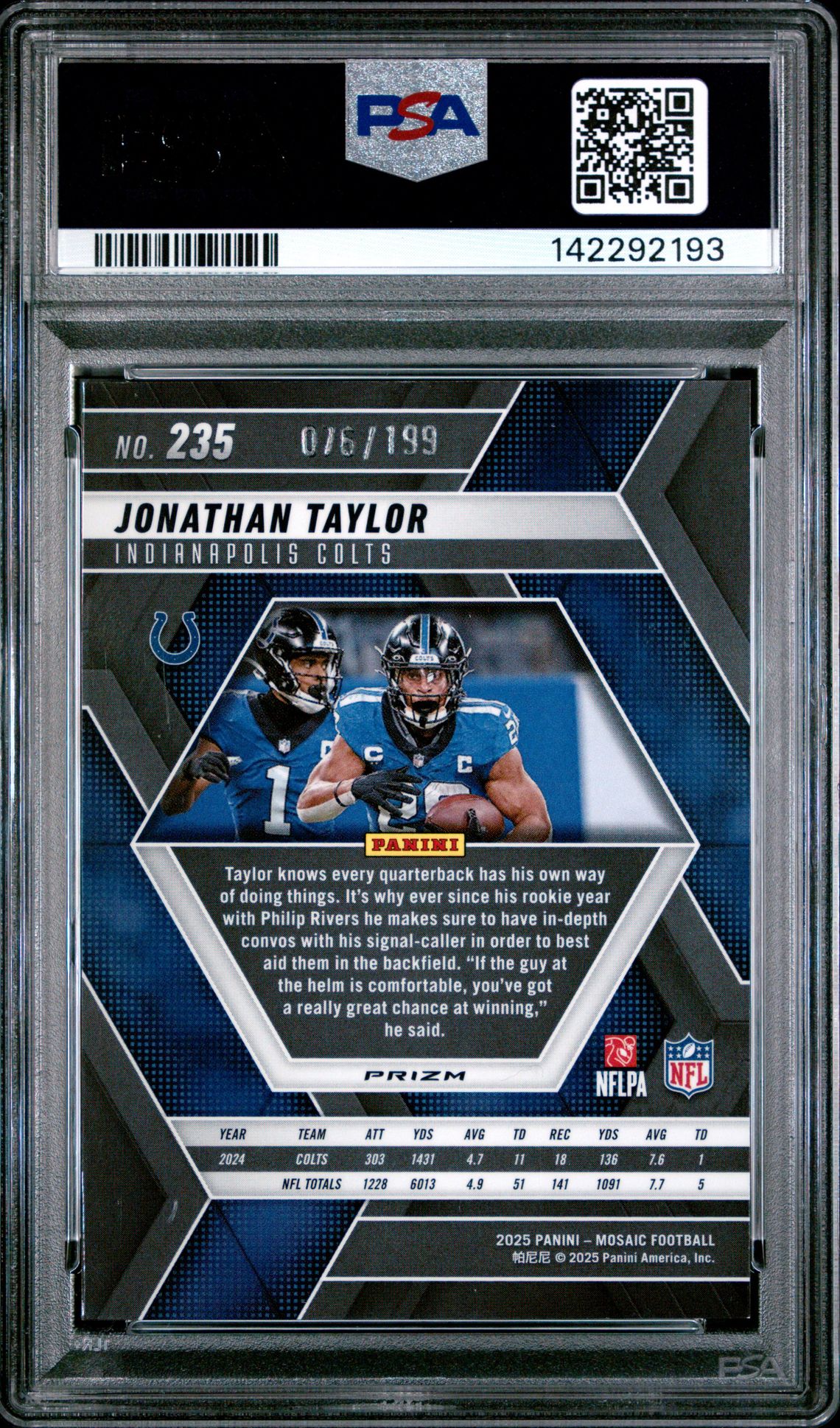 2025 Panini Mosaic Jonathan Taylor #235 (Orange) Gem Mt 10 back