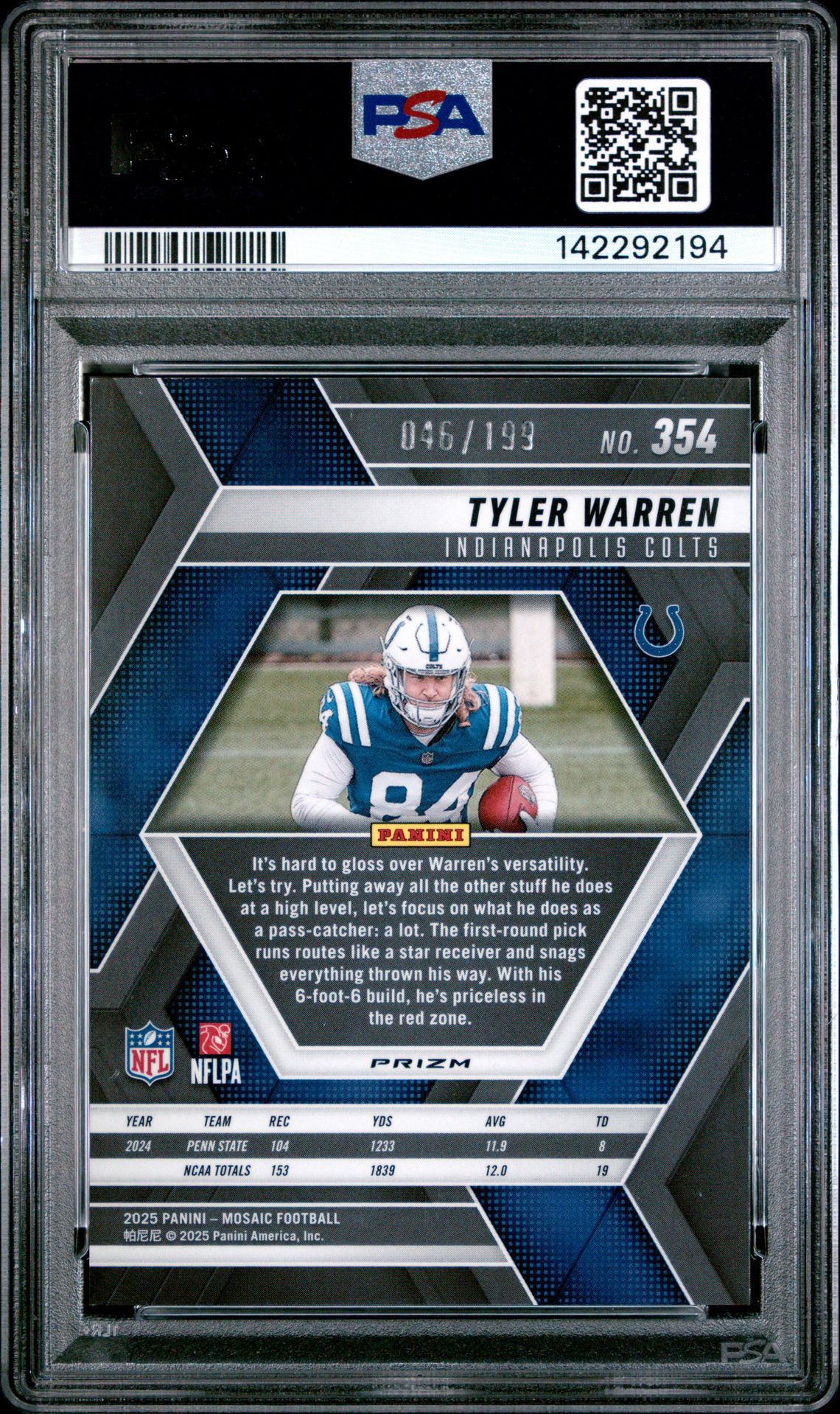 2025 Panini Mosaic Tyler Warren #354 (Orange) Gem Mt 10 back
