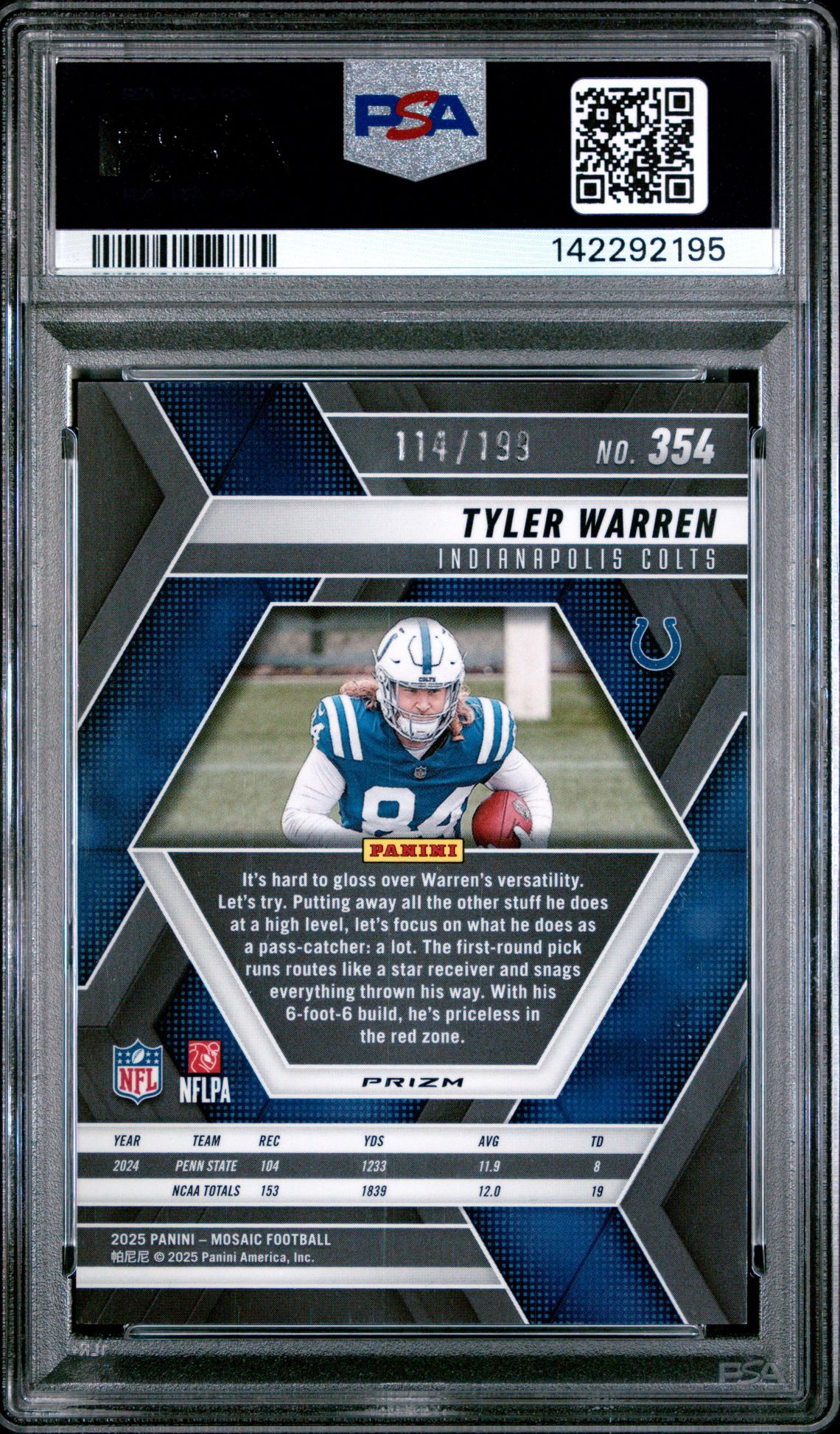 2025 Panini Mosaic Tyler Warren #354 (Orange) Gem Mt 10 back view - PSA certificate #142292195