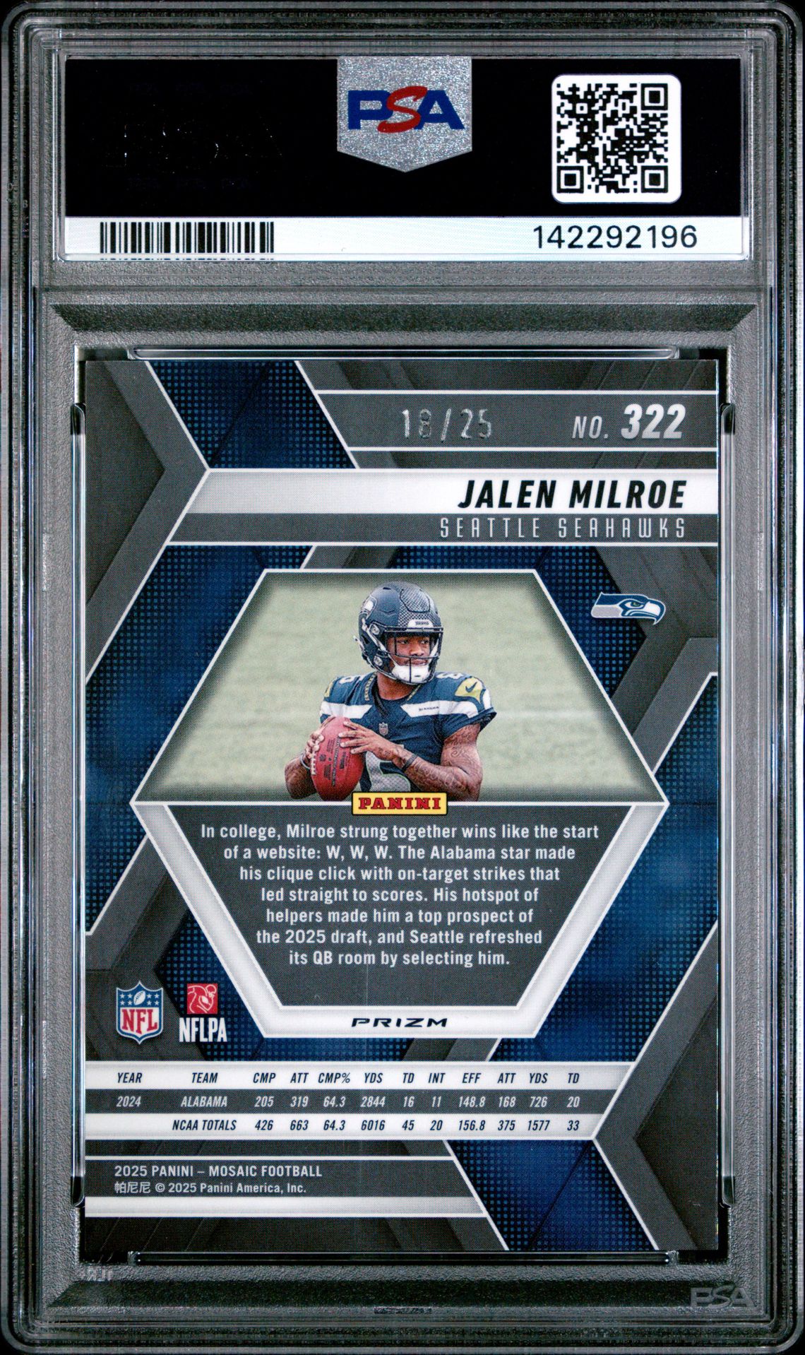 2025 Panini Mosaic Jalen Milroe #322 (White) Gem Mt 10 back