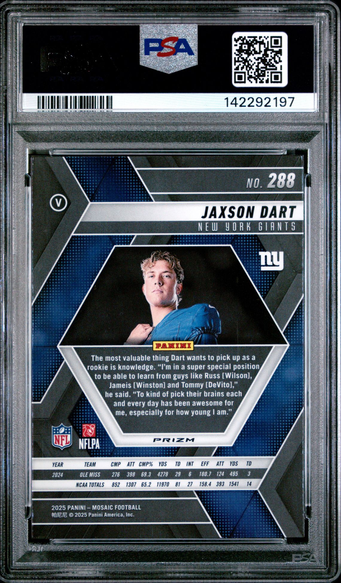 2025 Panini Mosaic Jaxson Dart #288 (Red) Gem Mt 10 back view - PSA certificate #142292197