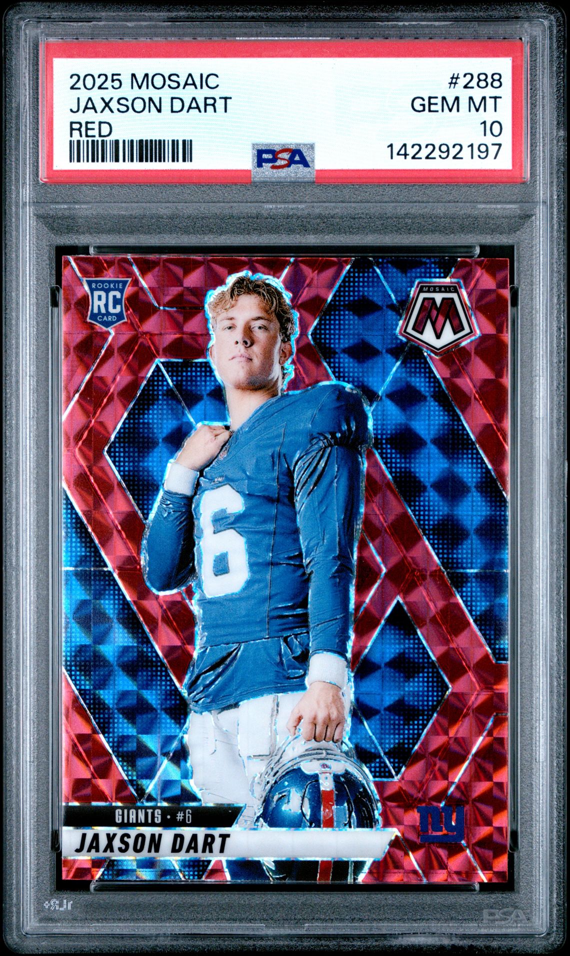 2025 Panini Mosaic Jaxson Dart #288 (Red) Gem Mt 10 front view - PSA graded GEM MT 10