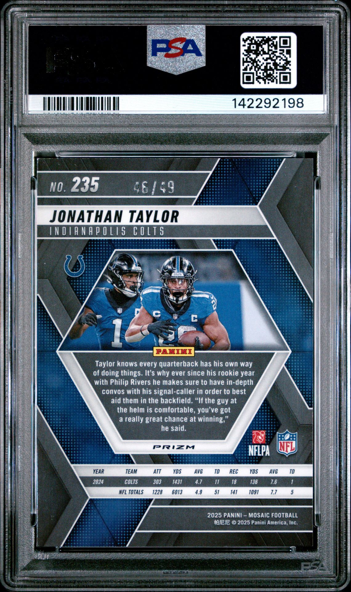 2025 Panini Mosaic Jonathan Taylor #235 (Purple) Gem Mt 10 back