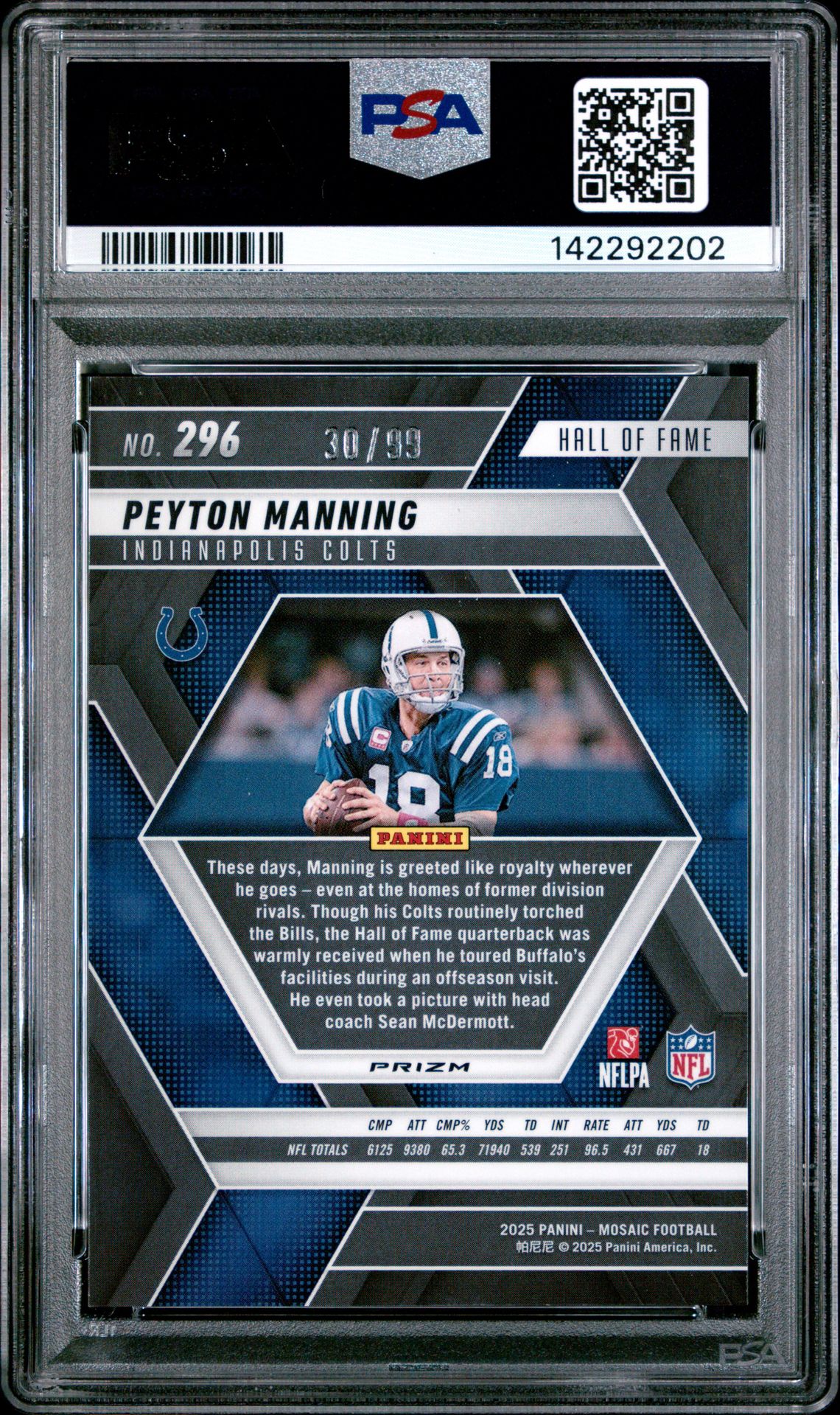 2025 Panini Mosaic Peyton Manning #296 (Blue) Gem Mt 10 back