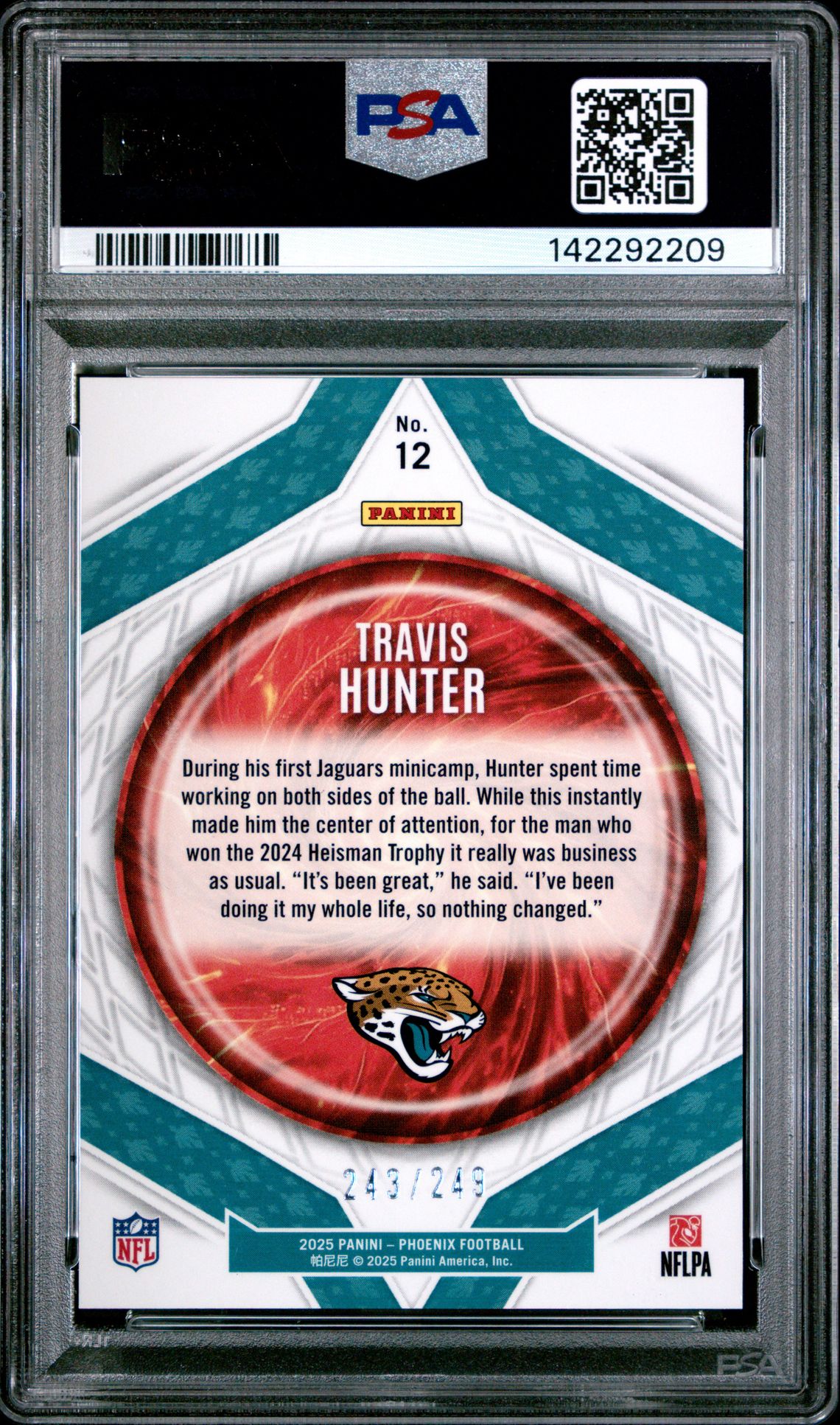 2025 Panini Phoenix Paragon Travis Hunter #12 (Paragon-Red) Gem Mt 10 back view - PSA certificate #142292209
