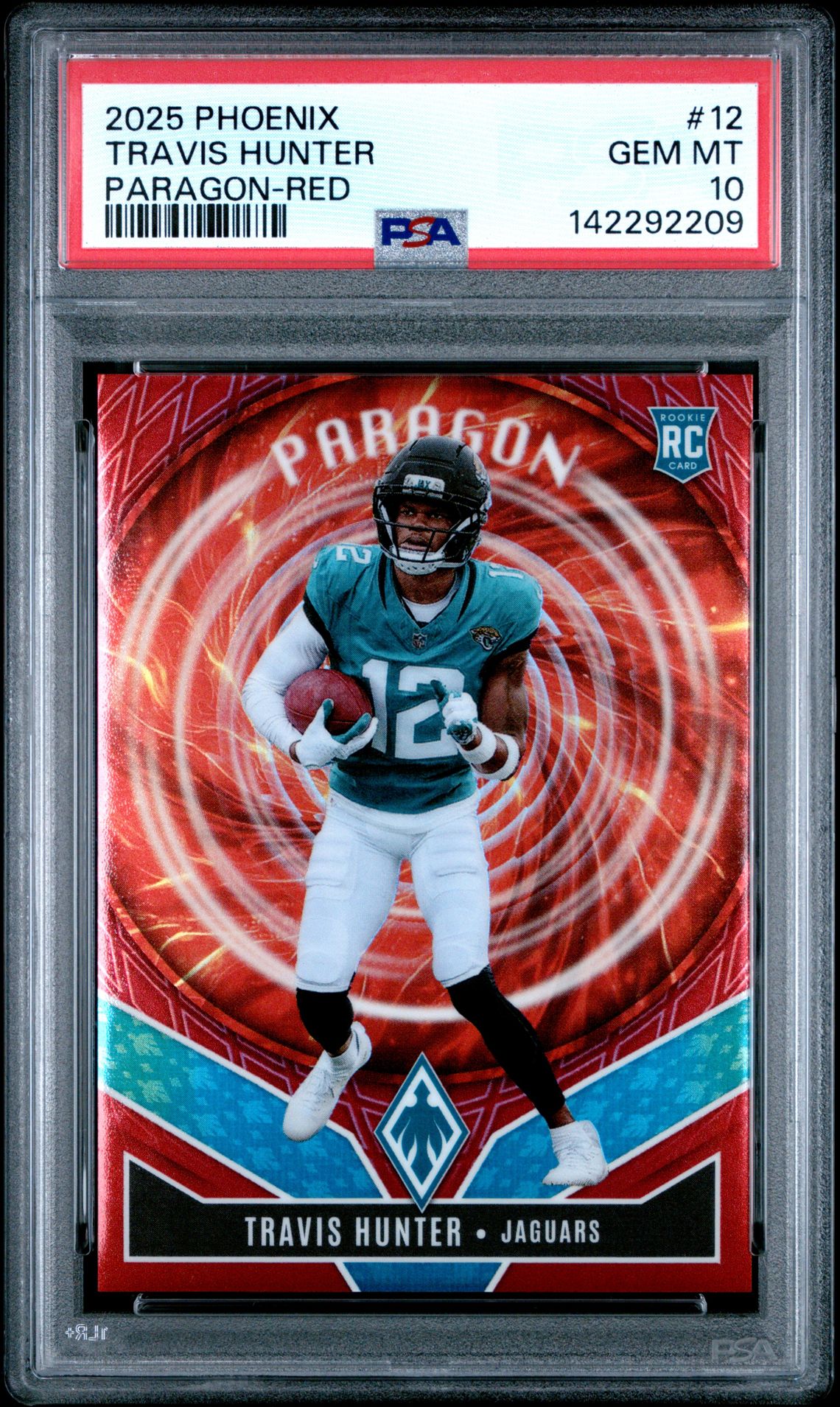 2025 Panini Phoenix Paragon Travis Hunter #12 (Paragon-Red) Gem Mt 10 front view - PSA graded GEM MT 10