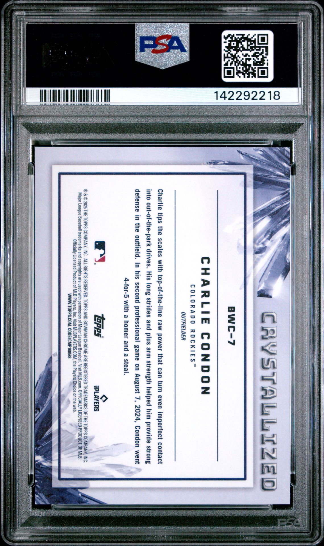 2025 Bowman Crystallized Charlie Condon #Bwc7 Gem Mt 10 back