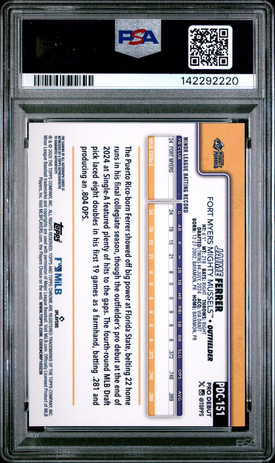 2025 Topps Pro Debut Jaime Ferrer #151 (Chrome-Auto-Red Refractor) Gem Mt 10 back