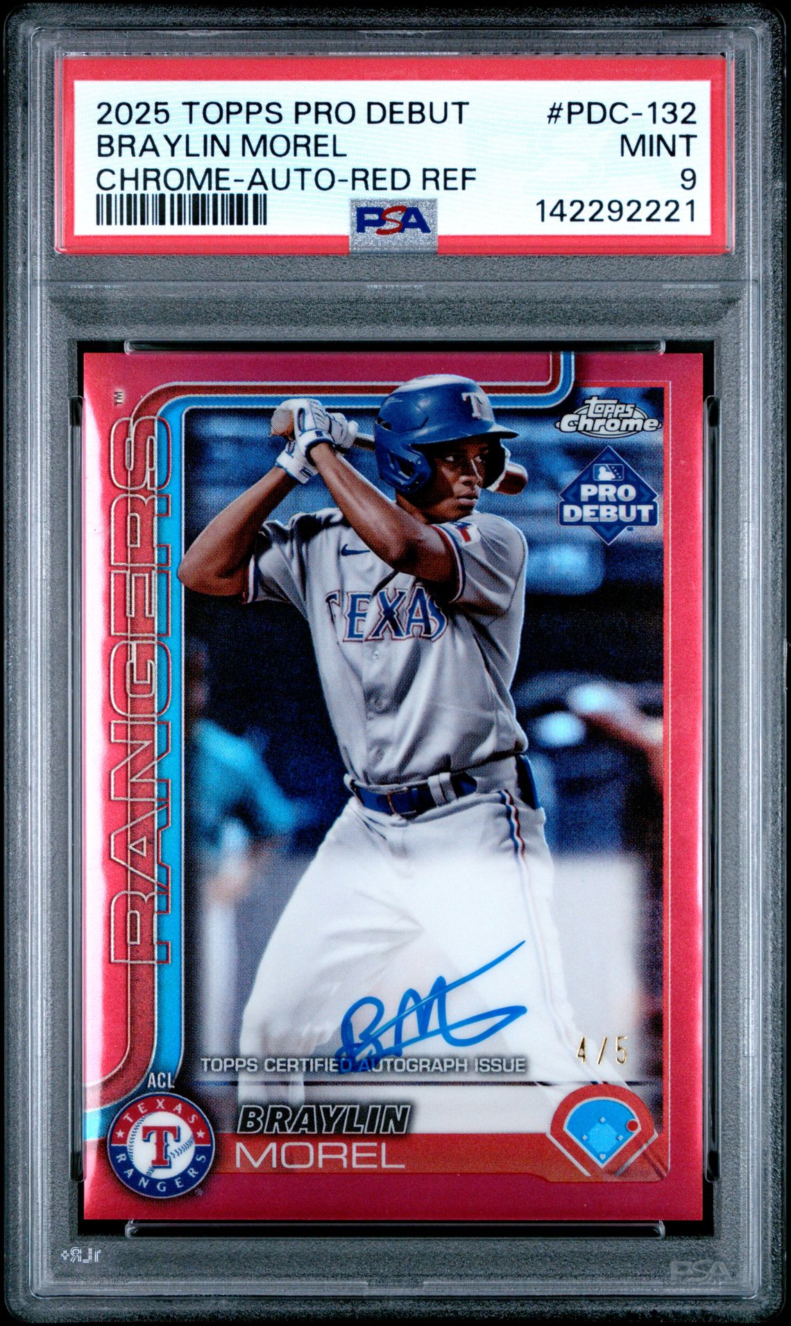 2025 Topps Pro Debut Braylin Morel #132 (Chrome-Auto-Red Refractor) Mint 9 front