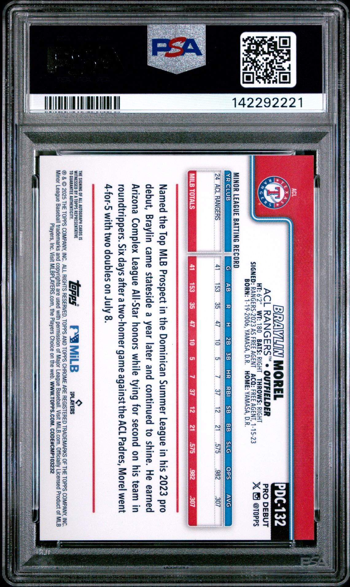 2025 Topps Pro Debut Braylin Morel #132 (Chrome-Auto-Red Refractor) Mint 9 back