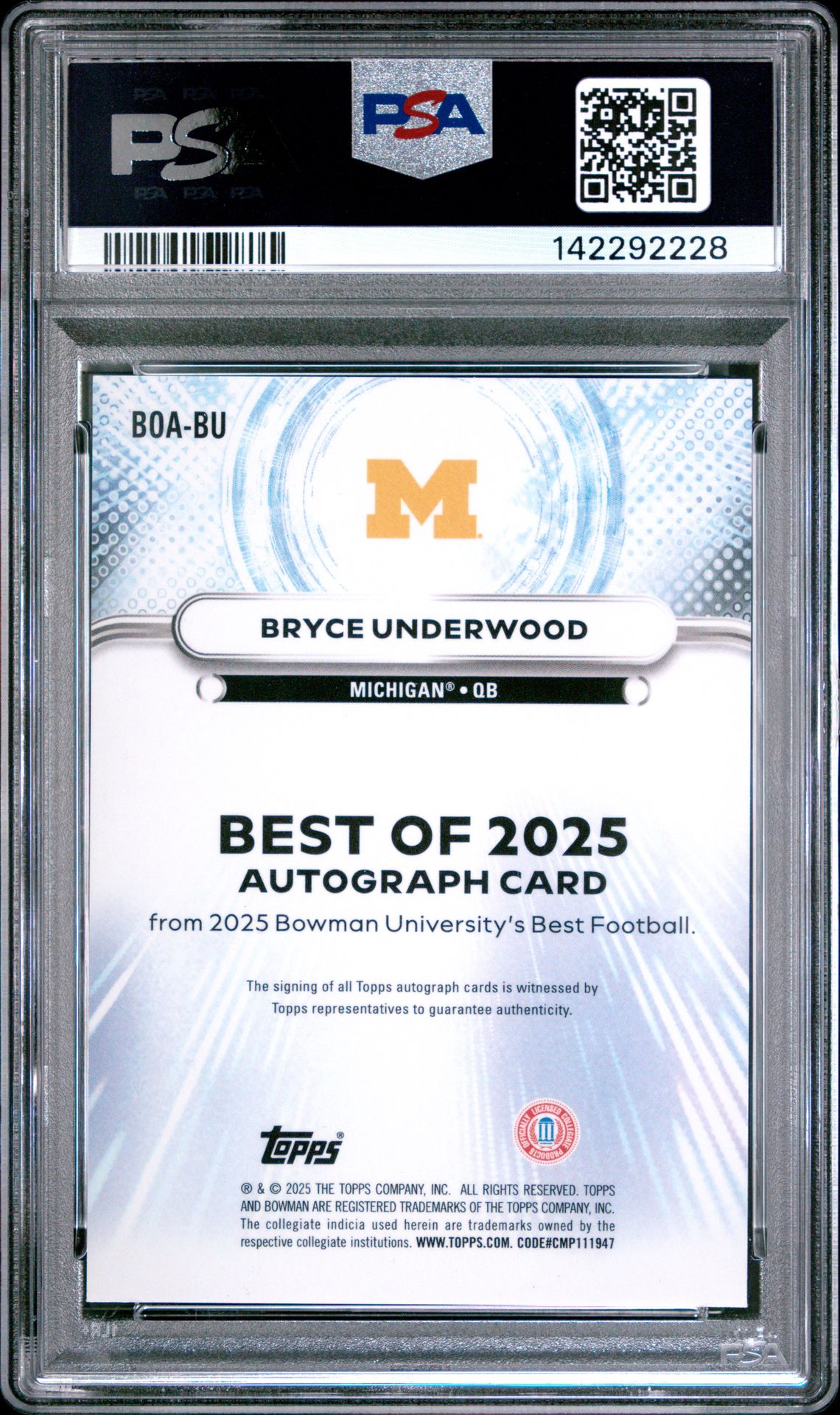 2025 Bowman Best University Best Of 2025 Autographs Bryce Underwood #Bu (Best Of 2025 Au-Green Mini Dia) Mint 9 back