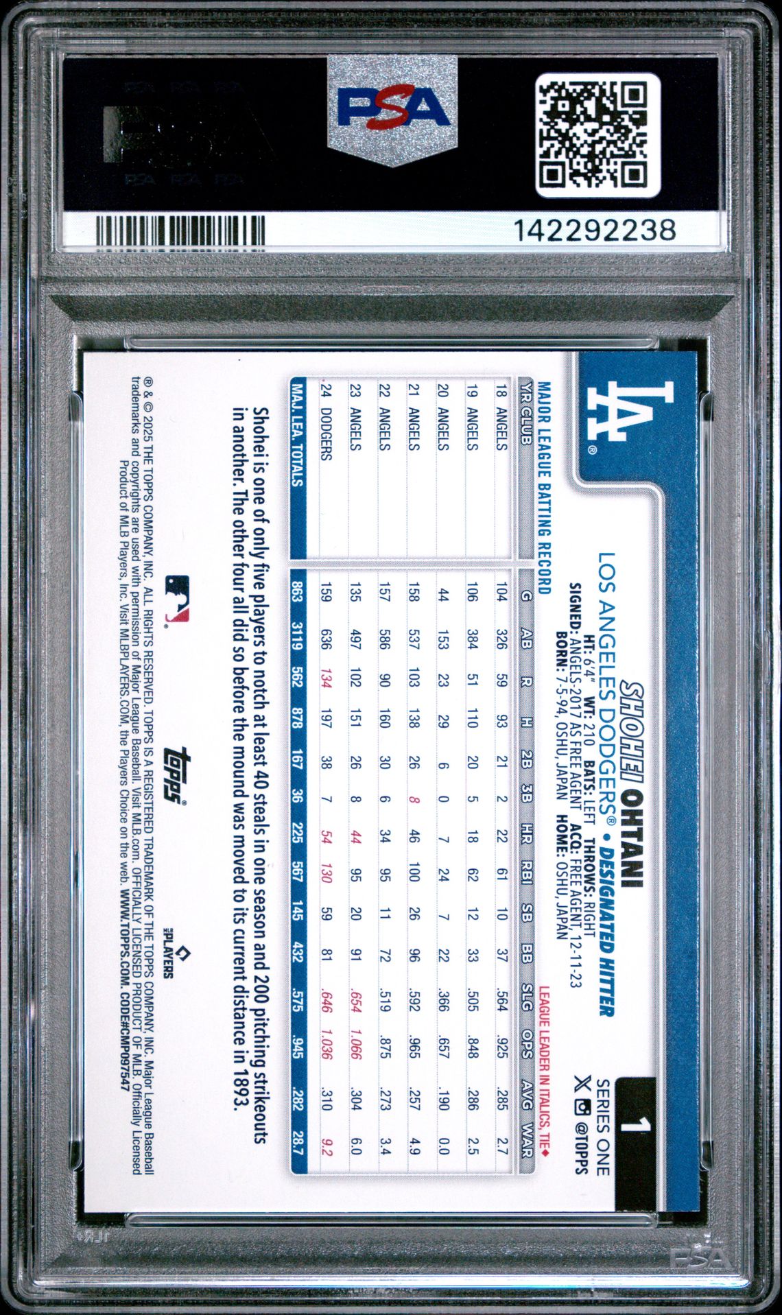 2025 Topps Shohei Ohtani #1 (Rainbow Foil) Mint 9 back