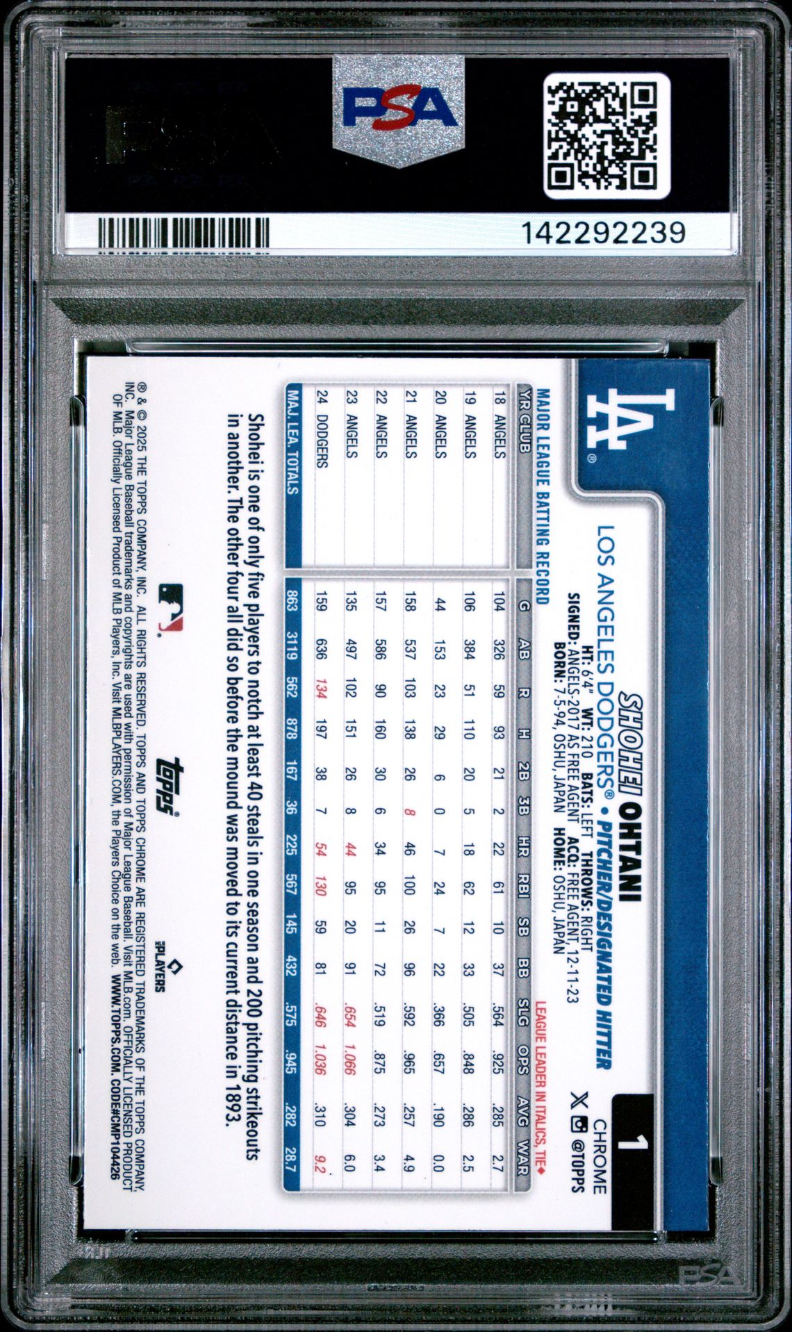 2025 Topps Chrome Shohei Ohtani #1 (Sepia Refractor) Mint 9 back