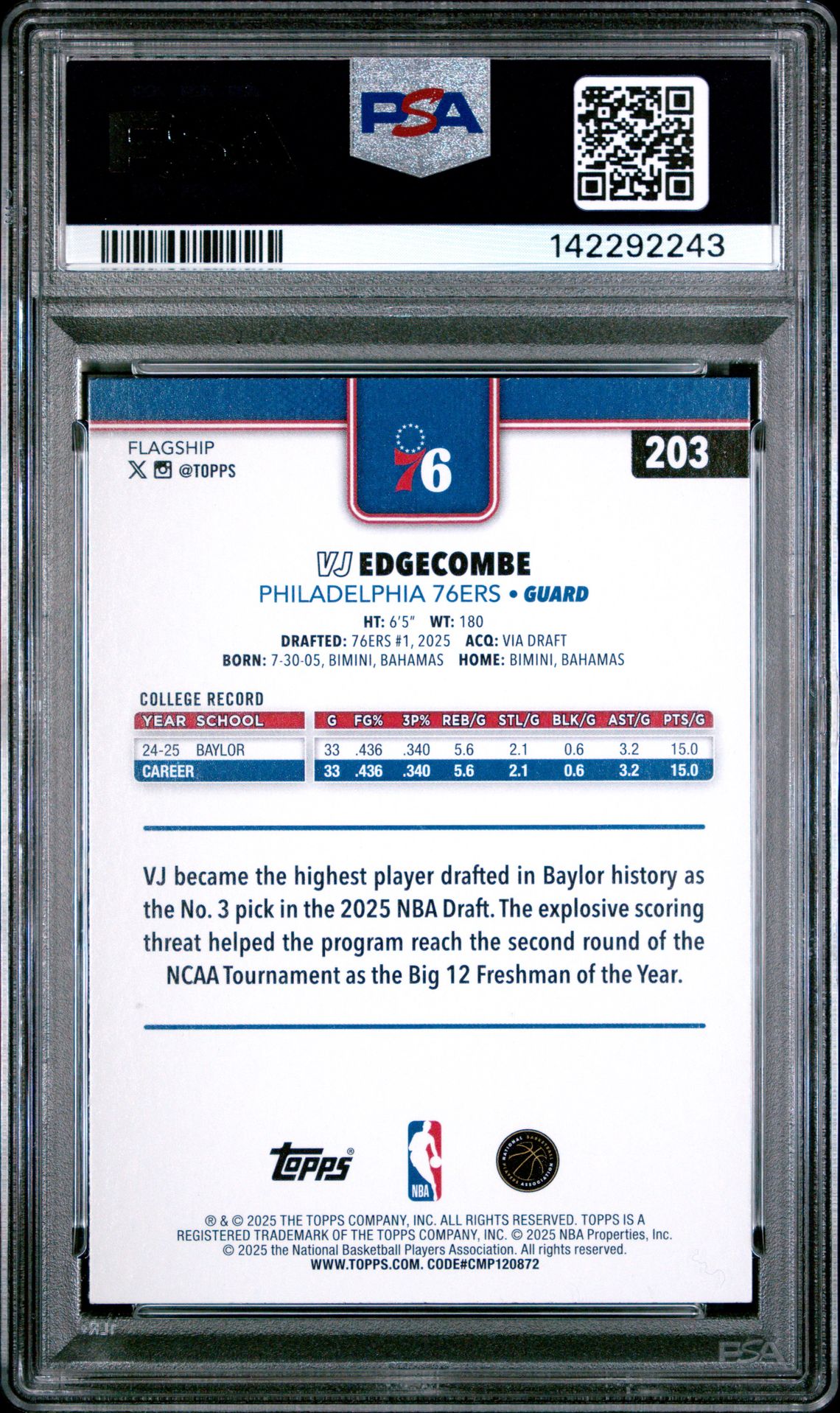 2025 Topps Vj Edgecombe #203 (Gold) Mint 9 back