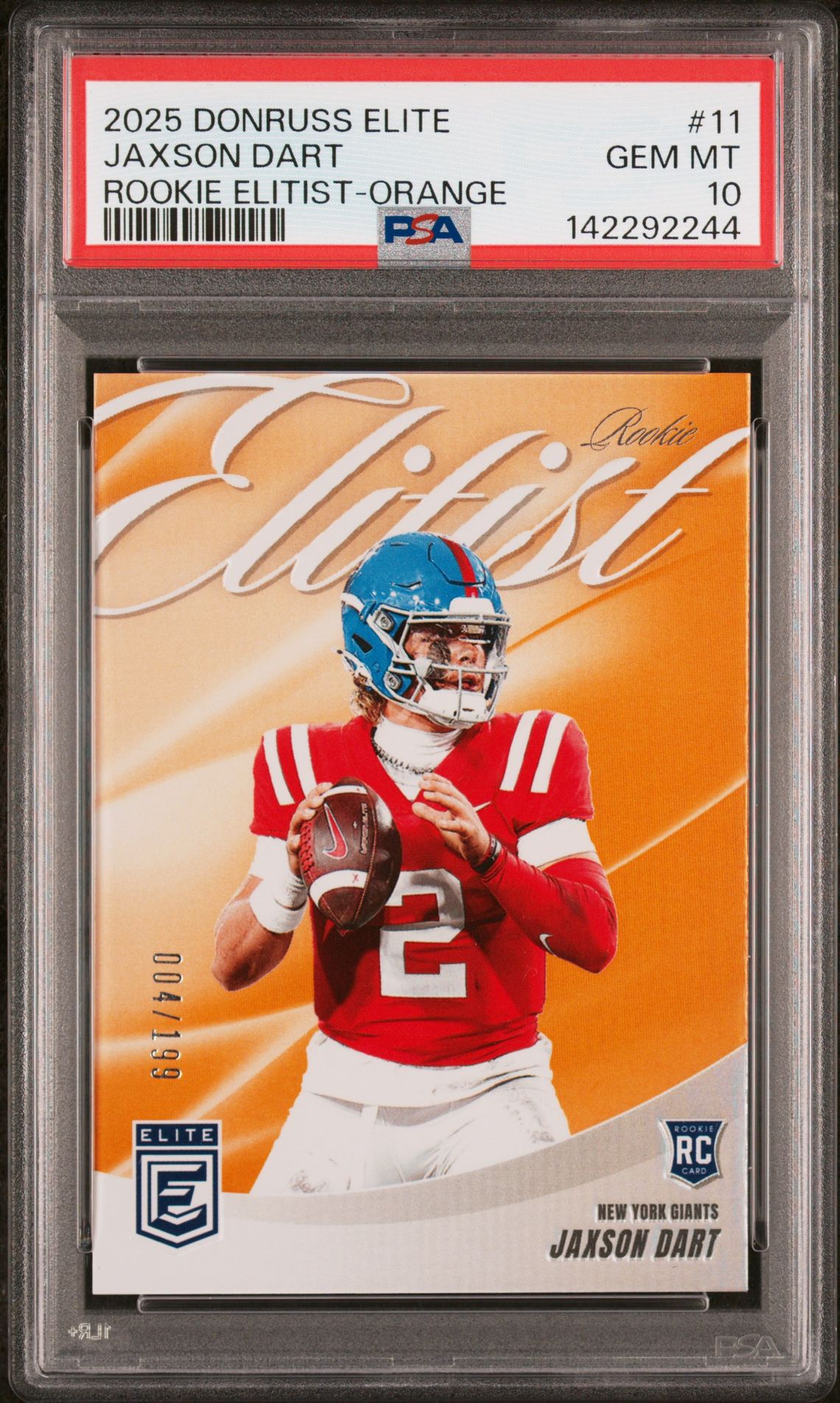 2025 Panini Donruss Elite Rookie Elitist Jaxson Dart #11 (Rookie Elitist-Orange) Gem Mt 10 front