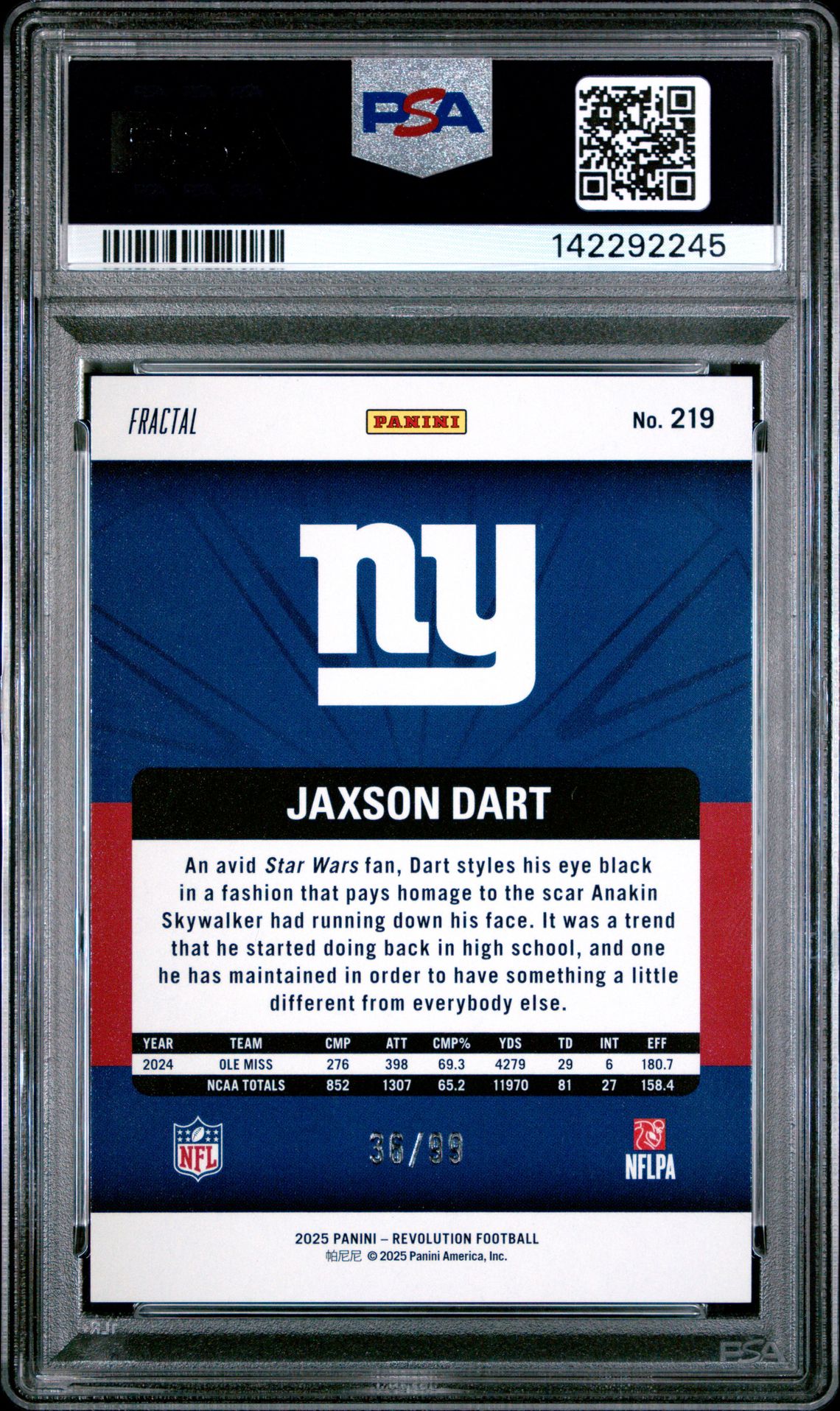 2025 Panini Revolution Jaxson Dart #219 (Fractal) Gem Mt 10 back