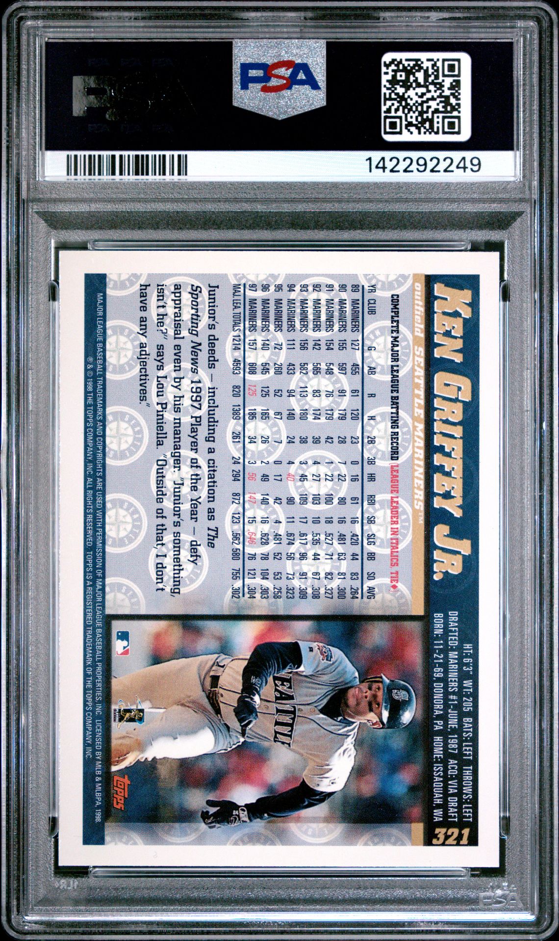 1998 Topps Ken Griffey Jr. #321 Gem Mt 10 back