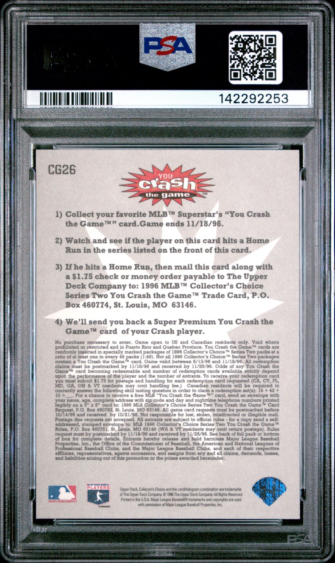 1996 Collector's Choice Crash The Game Ken Griffey Jr. #Cg26 (Crash The Game-Jul 18-21) Gem Mt 10 back