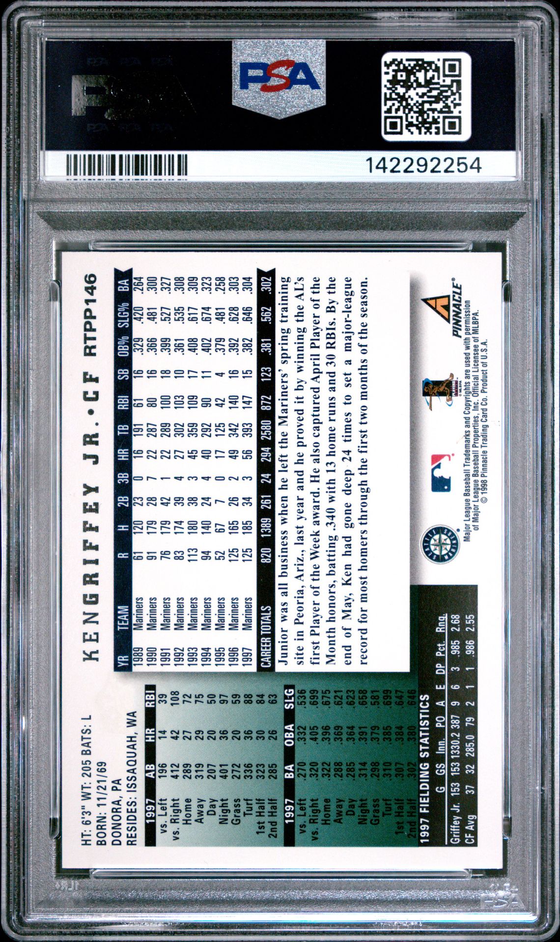 1998 Score Rookie Traded Showcase Ken Griffey Jr. #146 (Showcase-Artist's Proof) Mint 9 back